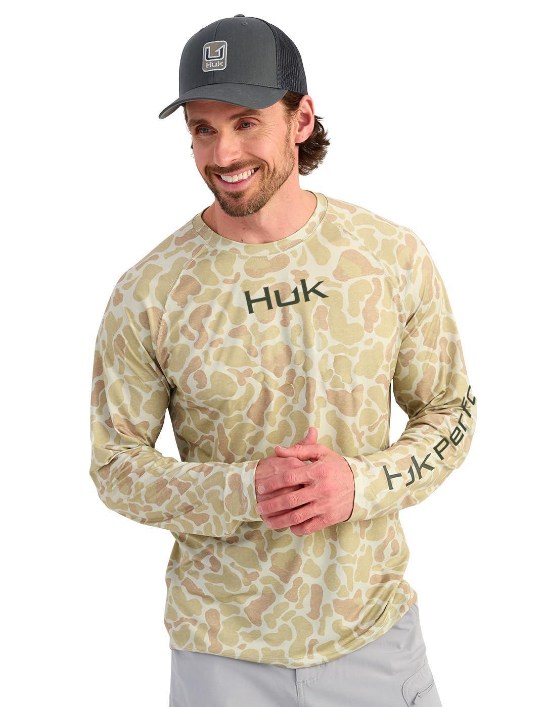 HUK Men's Pursuit Lite Crew, Lightweight Performance Long Sleeve Shirt with UPF Sun Protection, Sand, Large