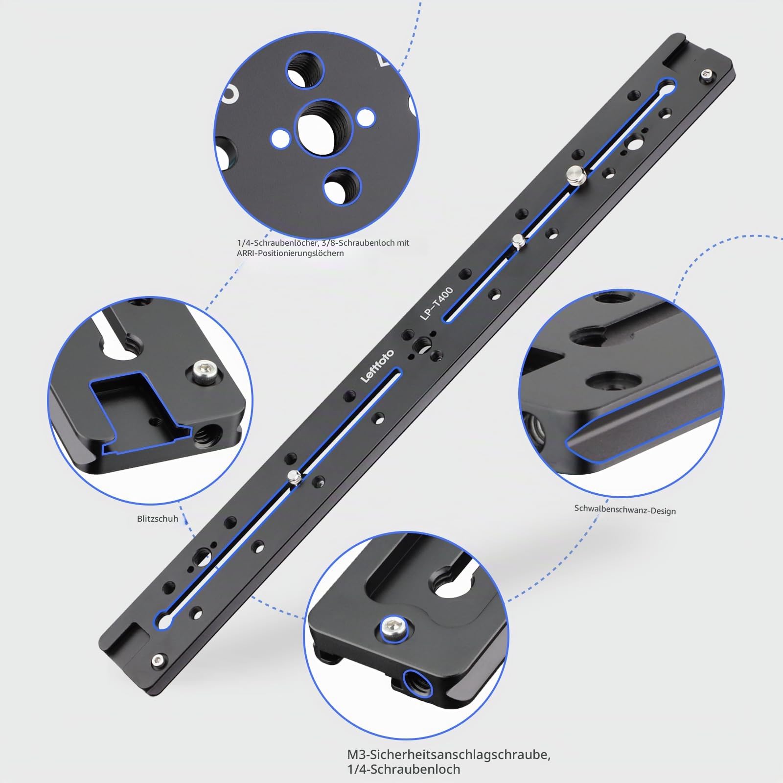 LEFTFOTO 400 mm verlängerte Schnellspanner-Doppelschwalbenschwanz-Schiene, Universal-QR-Platte, ARRI-Positionierungsloch, 1/4-Zoll- und 3/8-Zoll-Gewinde, Kaltschuh