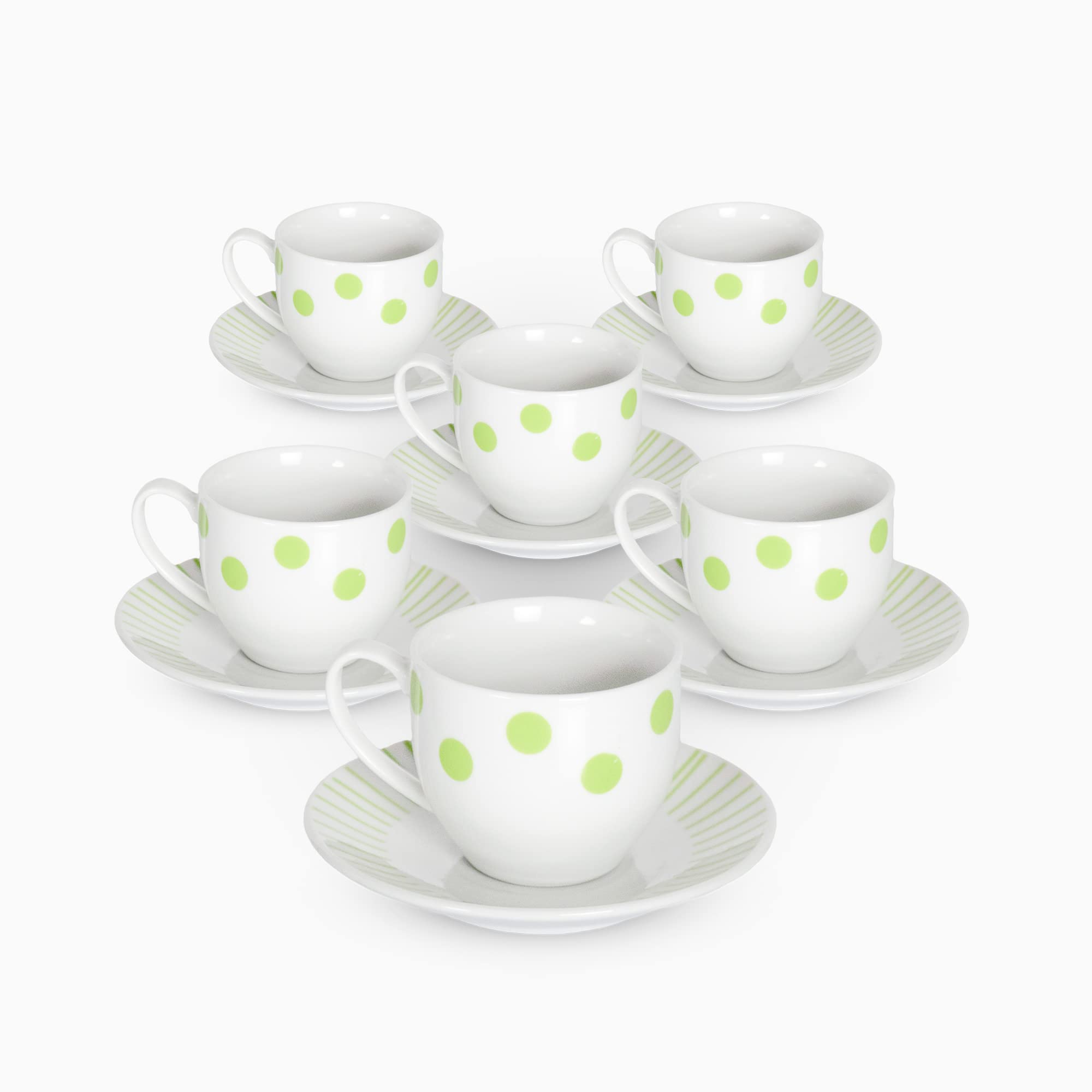 Albalù Set 6 Tazzine da Caffè con Piattino in Porcellana a Pois Verdi - Servizio Caffè Completo 12 Pezzi, 6 Tazzine e 6 Piattini Lavabili in Lavastoviglie, Idea Regalo e Bomboniera