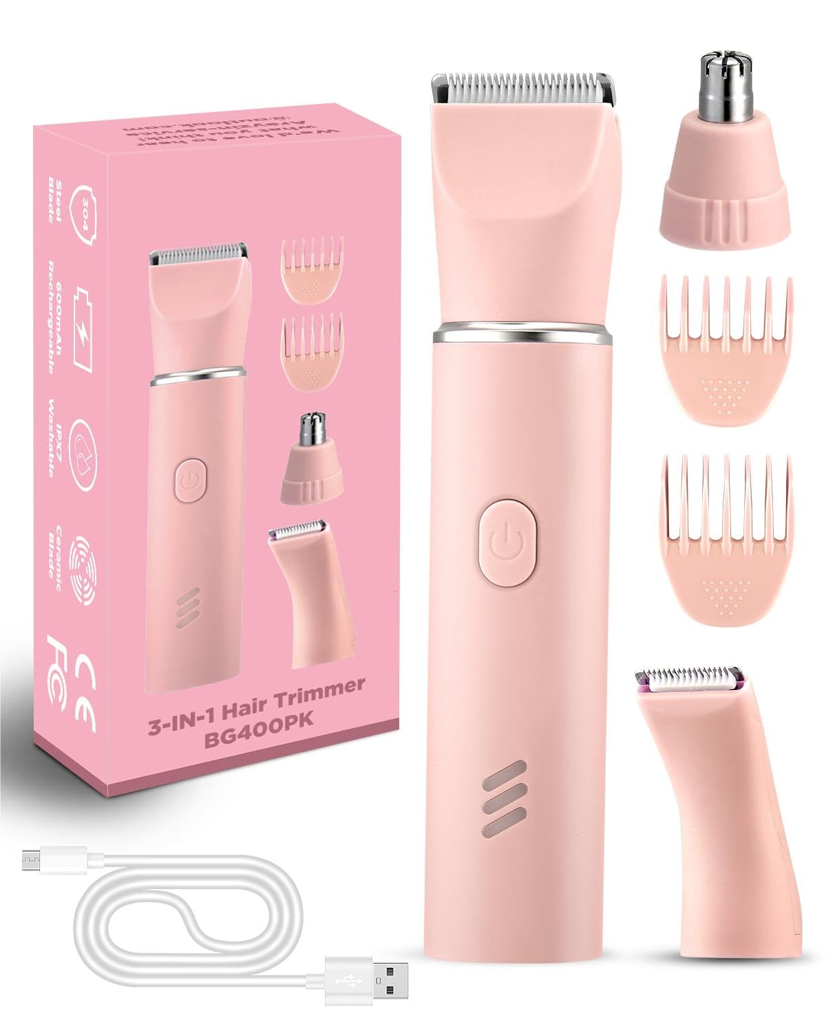 Afeitadora Eléctrica Mujer, 3 en 1 Amaquina Depilar Mujer para Cara Nariz Bikini Axilas Brazos, Rasuradora Mujer, Afeitadora Mujer con Cable de Carga USB, Resistente al Agua para Húmedo y Seco, Rosa