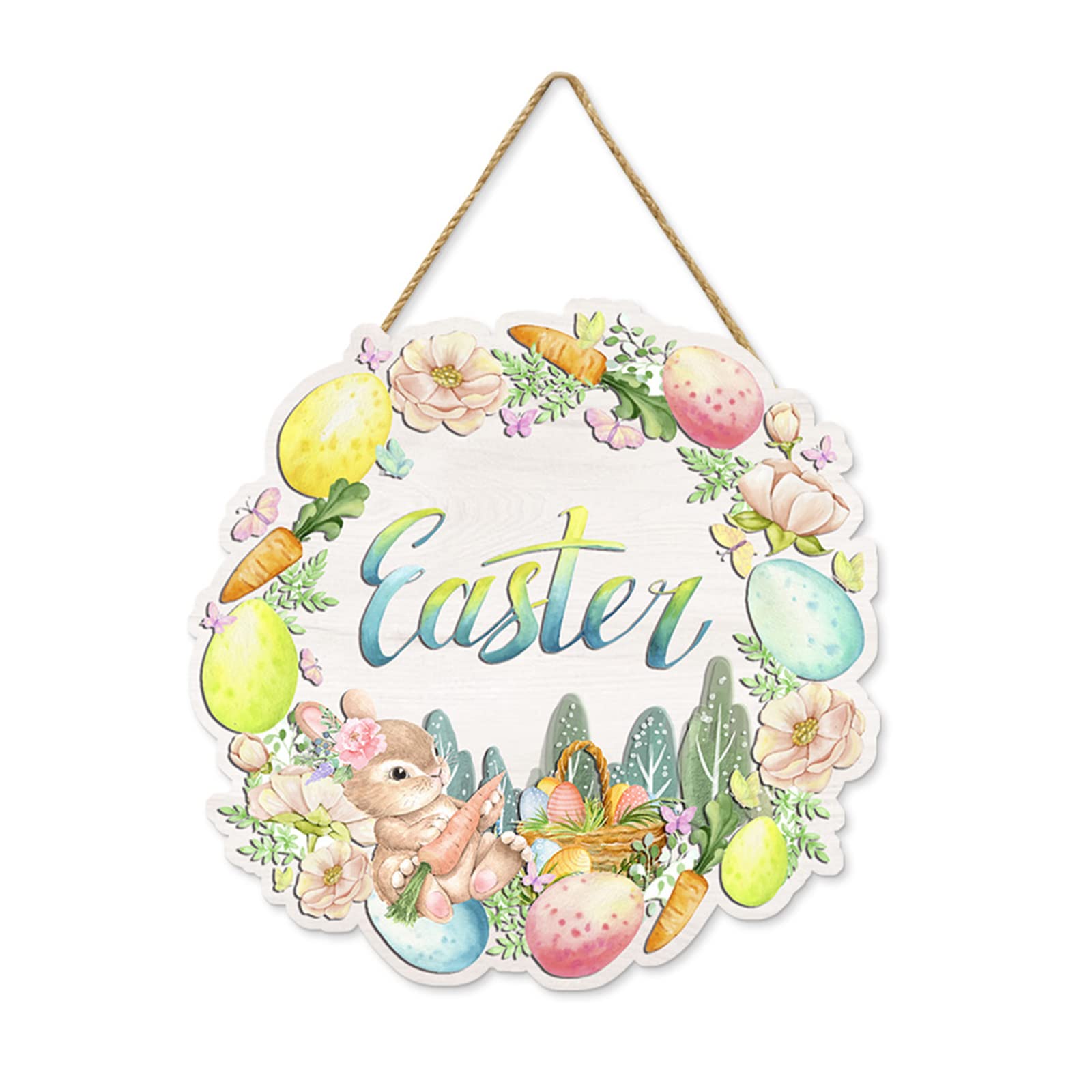Easter Decorations for the Home,Handmade Easter Wooden Hanging Sign,Cute Bunny Colorful Eggs Welcome Door Sign Wall Hanging Decorations for Easter Party Indoor Outdoor Decor Home Decor (Bunny Eggs A)