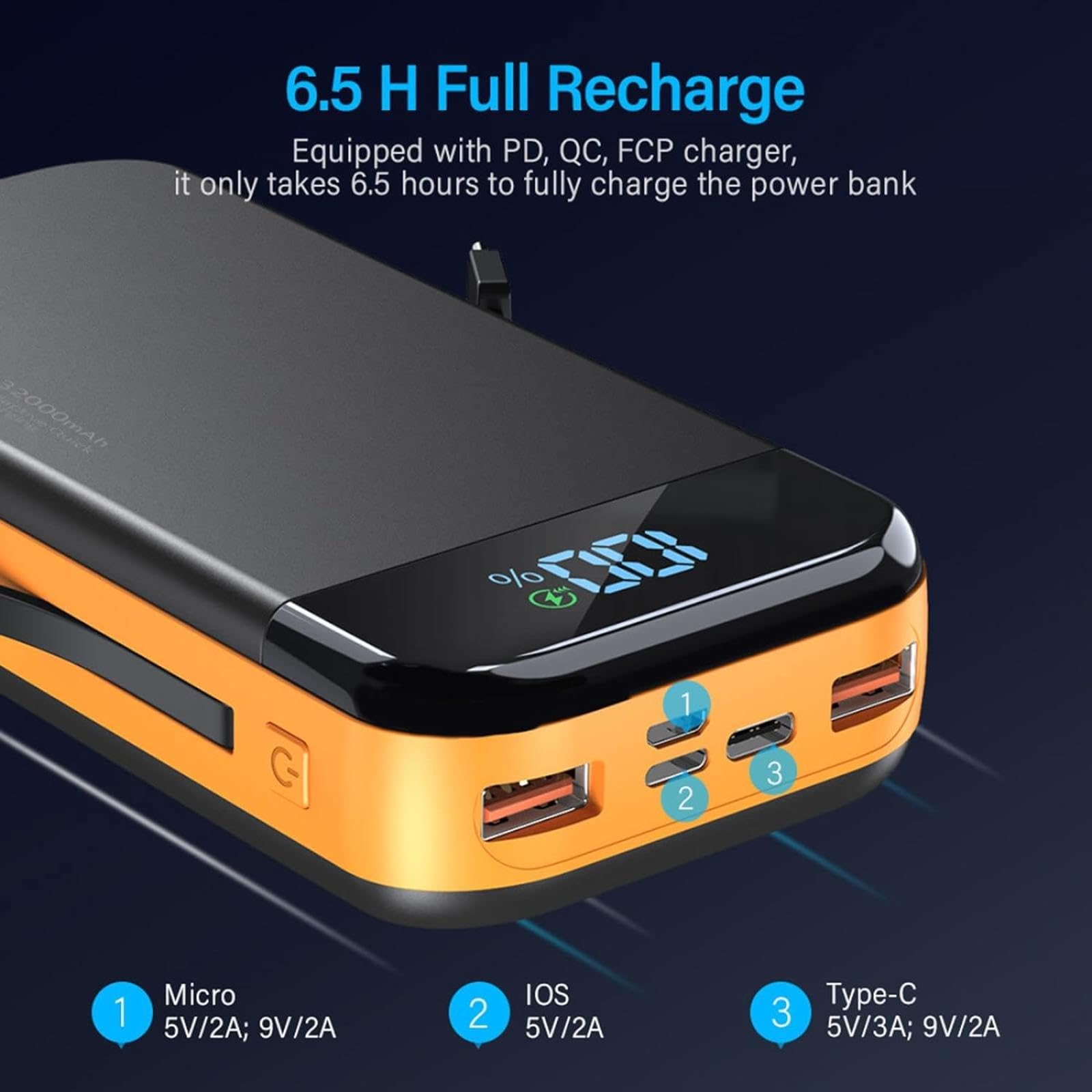 Powerbank Powerbank/32000mAh/50000mAh-PD Szybkie ładowanie Duża pojemność Mobilny powerbank współdzielony z kablem (50000mAh/czarny)