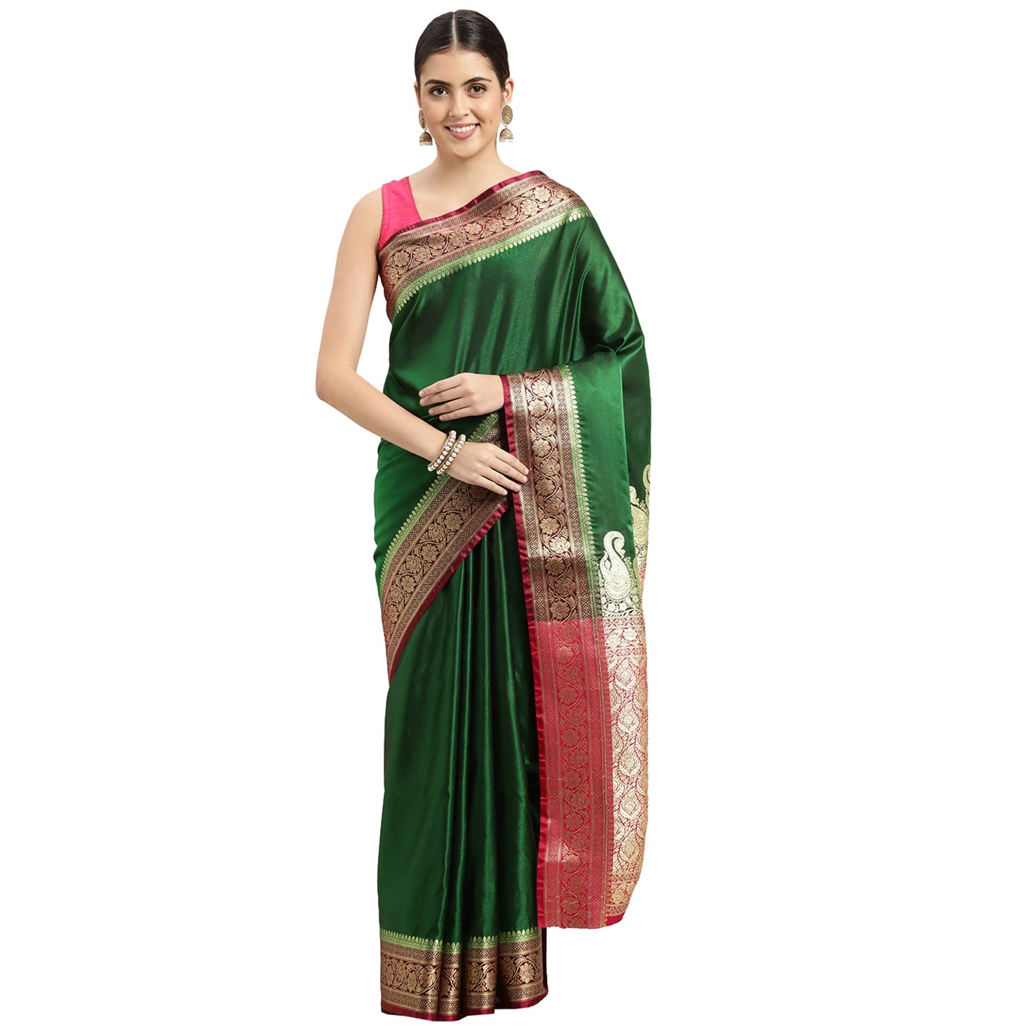 HOUSE OF BEGUMWomen's Banarasi Satan Plain Silk Blend Saree With Blouse Piece