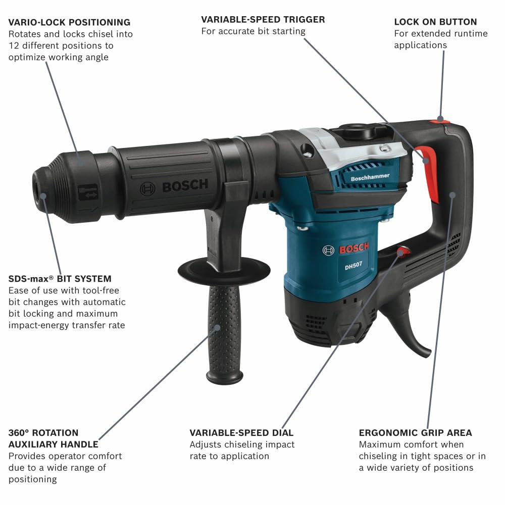 BOSCH DH507 Martello demolitore SDS-Max a velocità variabile da 10 Amp, 12 libbre, blu