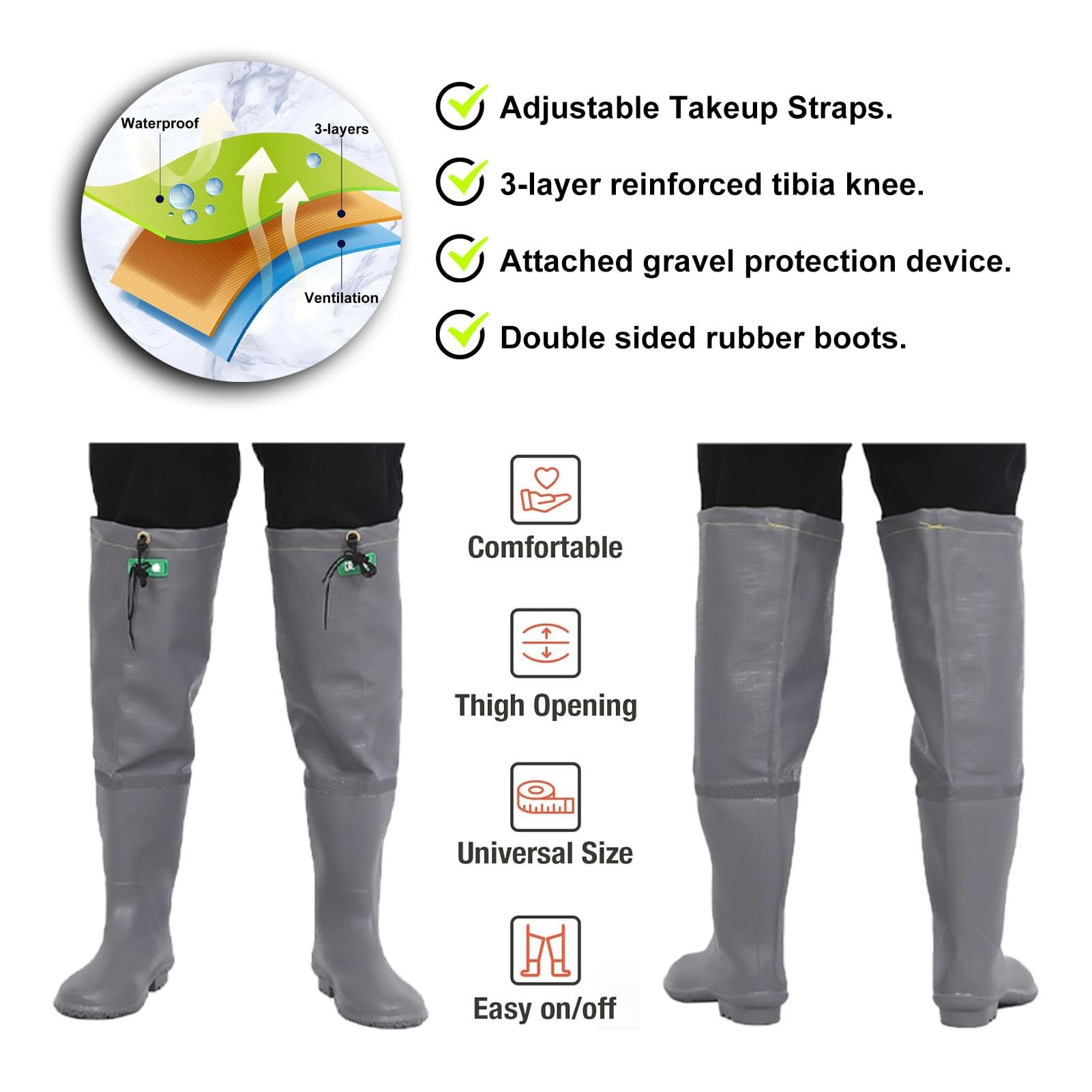 Stivali di Gomma Impermeabili per trampolieri dell Stivali da Pesca in Nylon PVC Grigio, Stivali da Pesca Unisex Leggeri Fatti for durare, for Laghi, Pesca e Caccia(5)