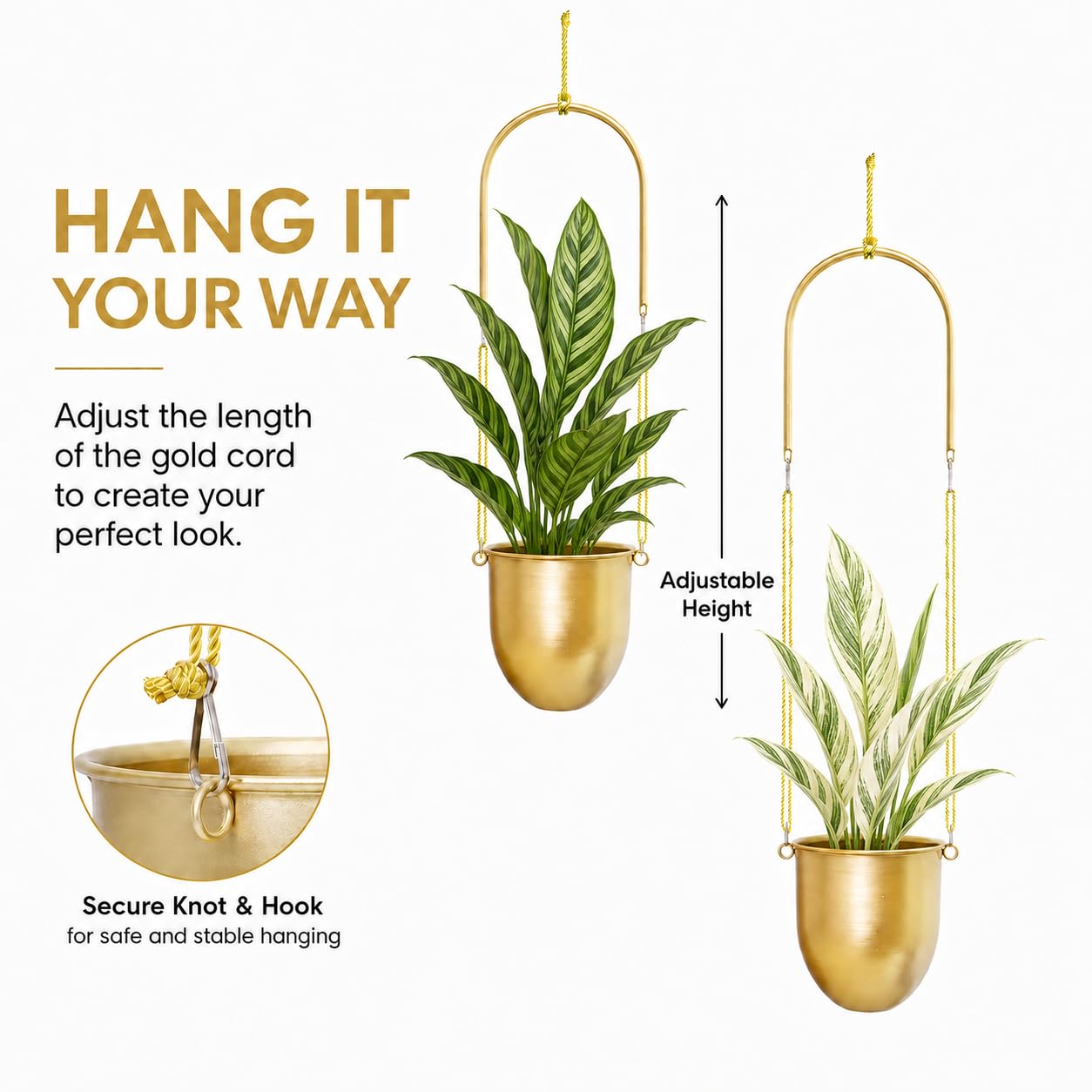 AceList Lot de 2 pots de fleurs suspendus dorés à suspendre de 14 cm pour plantes d'intérieur, maison, balcon, jardin et terrasse – Jardinières à suspendre avec corde de chanvre