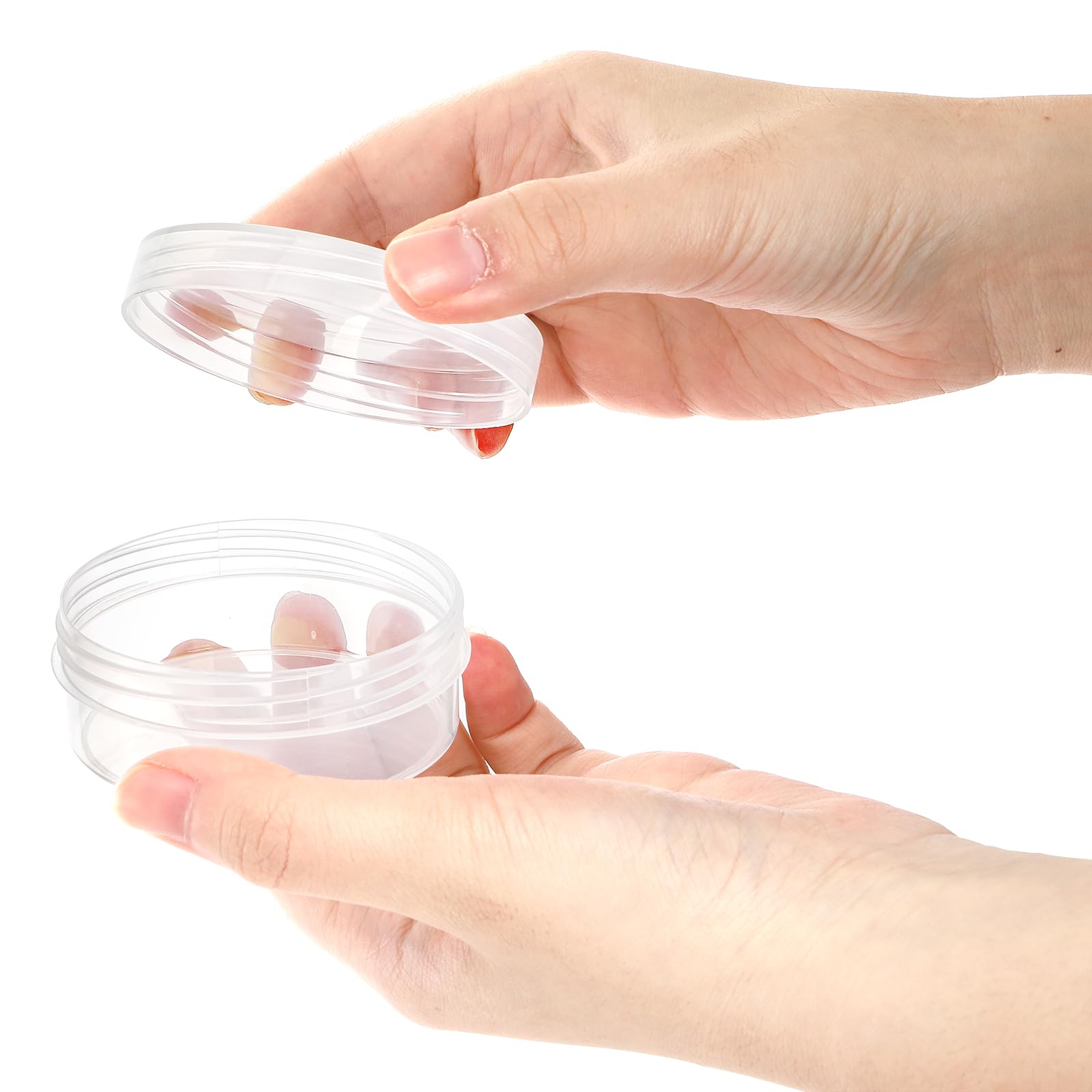 Covzoe 50 recipientes redondos transparentes, caja de muestra de plástico de 50 g con tapas de rosca, pequeños recipientes de viaje a prueba de fugas, tarros de cosméticos recargables, contenedores de