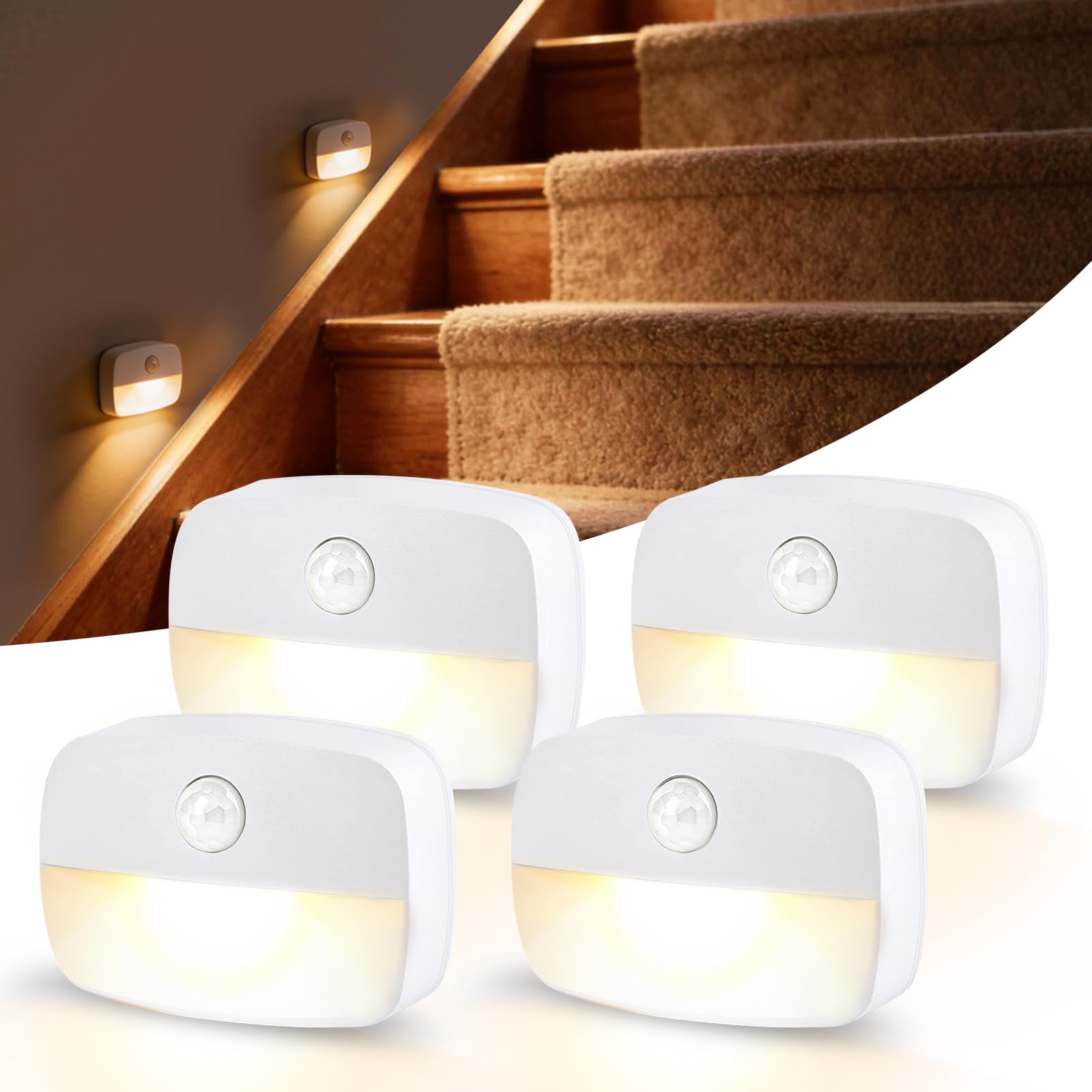 Biutee Set 2 Luci Notturne A Sensore Di Movimento: LED 0,6W 3000K, A Batteria Per Scale, Bagno E Camera (Bianco)
