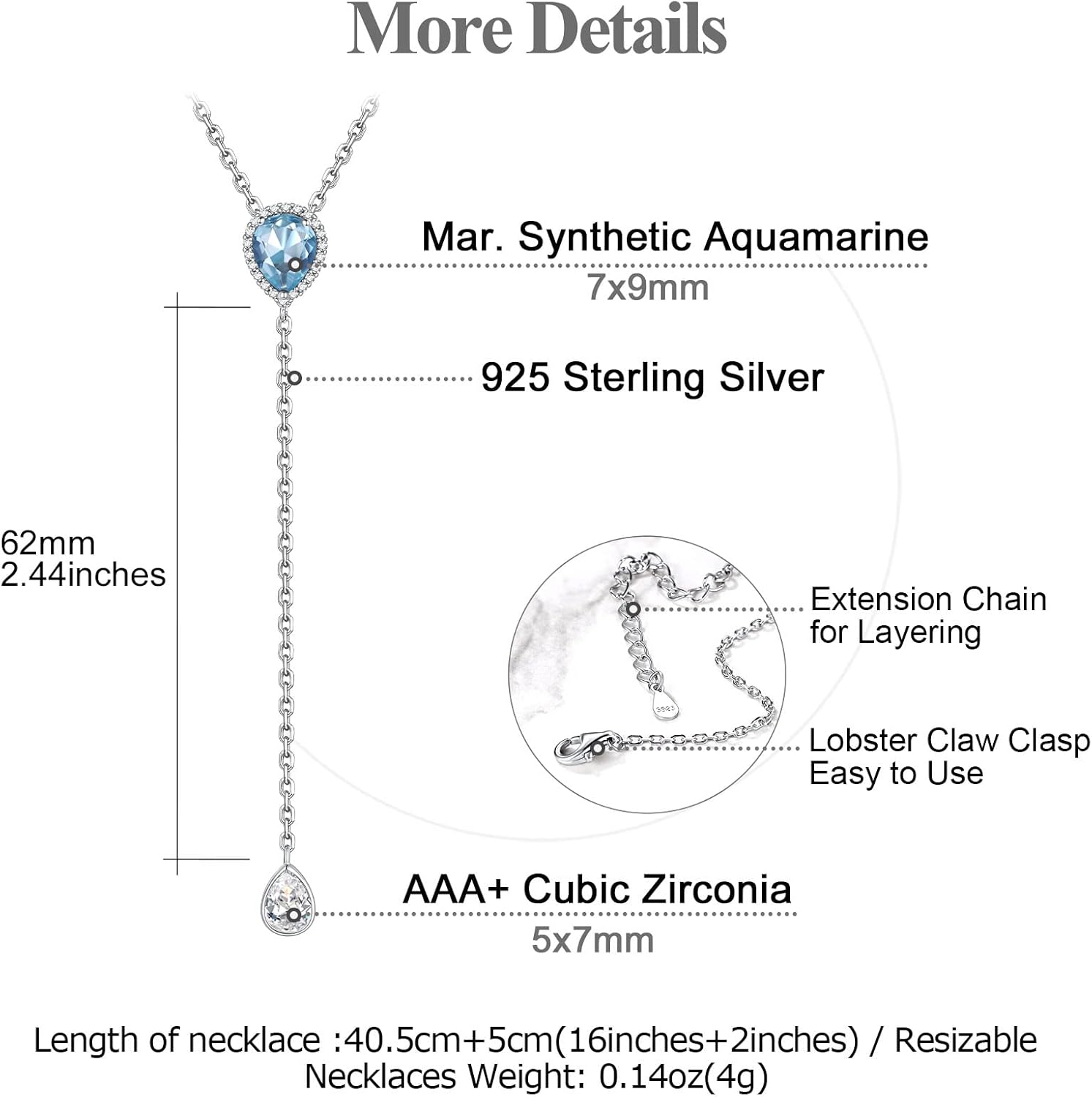 FOCALOOK 925 Sterling Silver Birthstone Long Pendant Necklace 16"-18" Y Drop Adjustable CZ Teardrop Lariat Necklaces for Women Mom Birthday Jewelry - Image 4