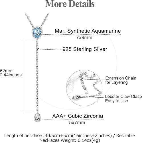 Miniatura 4 de FOCALOOK Collar largo con colgante de piedra natal de plata de ley 925 de 16 a 18 pulgadas con gota en Y ajustable con circonita cúbica lágrima