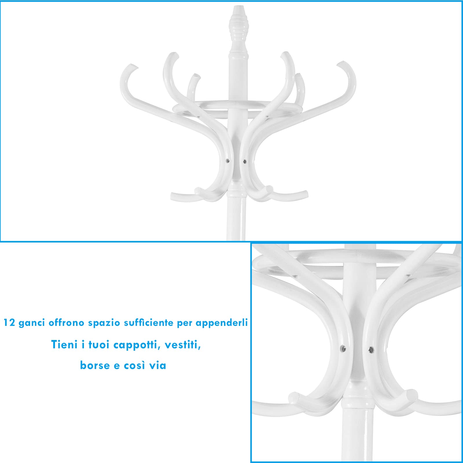 COSTWAY Attaccapanni da Terra Appendiabiti a piedi con 12 ganci in legno ecologico, 51 x 51 x 184 cm (Bianco)