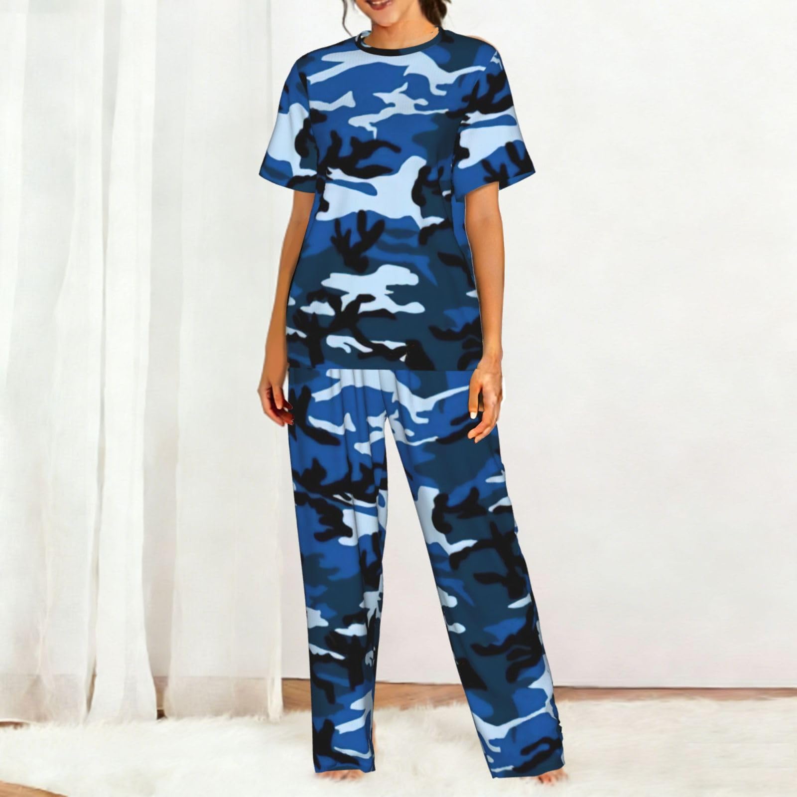 Niebieski Camo Print damska piżama z krótkim rękawem zestaw bielizna nocna letnia miękka wygodna domowa bielizna nocna
