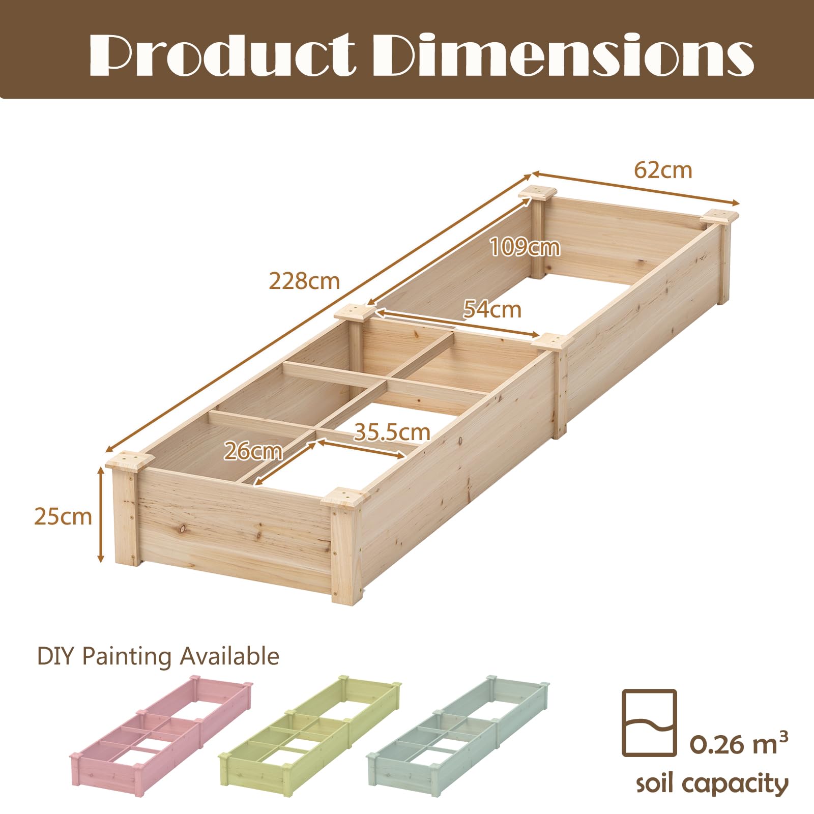 HOMASIS Carré Potager en Bois, Jardiniere Extérieur Grande Taille avec 2 Bacs à Fleurs, Séparateurs pour Fleurs, Légumes, Fruits, Herbes, Lit de Jardin 228 cm Intérieur pour Terrasse Balcon (Naturel)