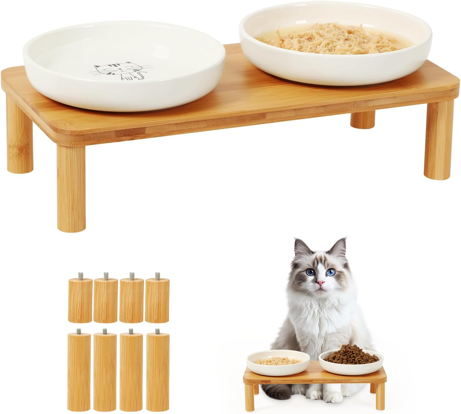 DoogCat Elevated Cat Bowls for Indoor Cats – Raised Bamboo Cat Food Table with 2 Ceramic Dishes, Adjustable Height (4.25"/3.07"), Whisker Friendly Feeding Station
