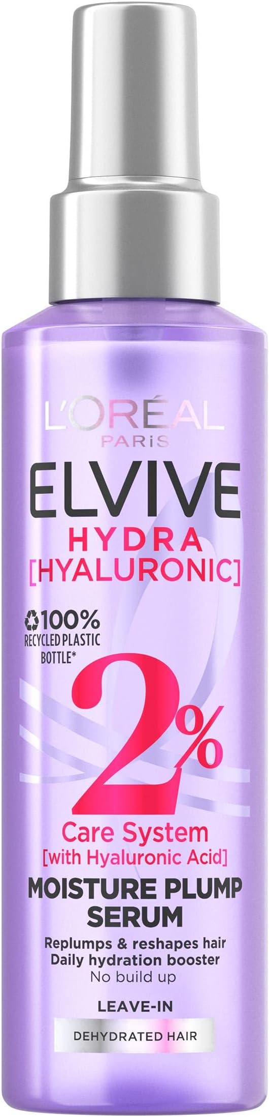 L'Oréal Paris Hair Serum For Dehydrated Hair, Elvive Hydra Hyaluronic Moisture Plump Spray With 2% Care Complex, Weightlessly Coats Hair For 72H Hydration And Anti-Frizz Radiant Shine, 150ml