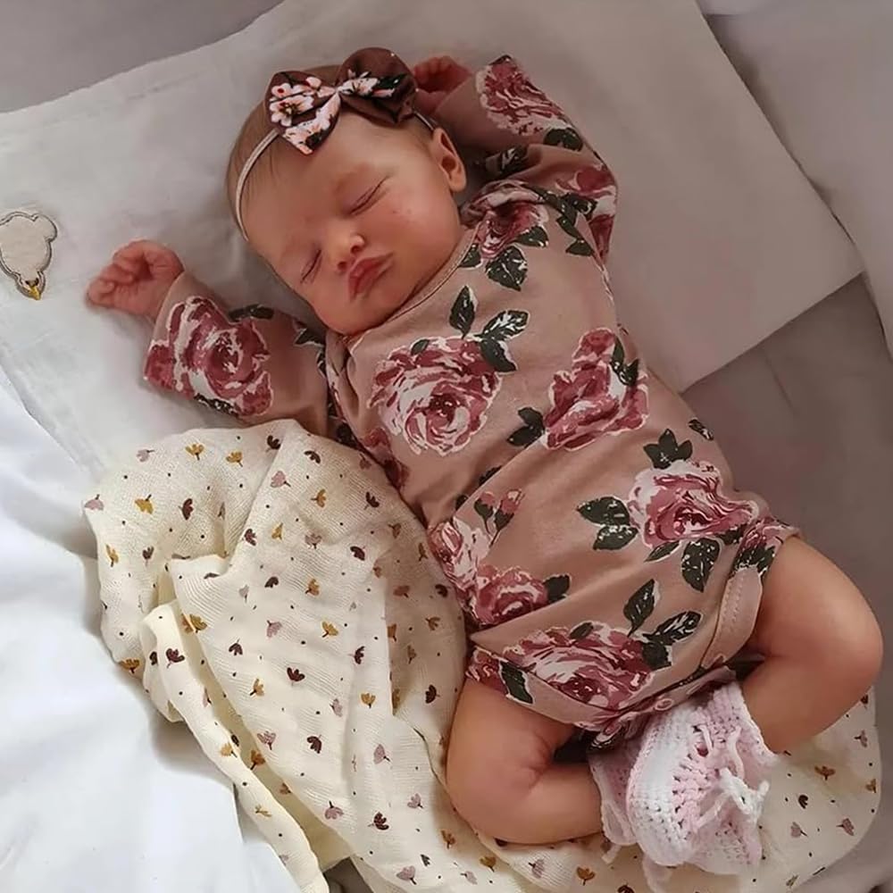 Bambola Reborns Neonata Addormentata, Rosa con Stampa Floreale 50 cm, Tessuto Morbido e Realistico Bambole Reborn Femmine, 20 Pollici Bambola Realistica Rinato con Accessori dai 3 Anni in su