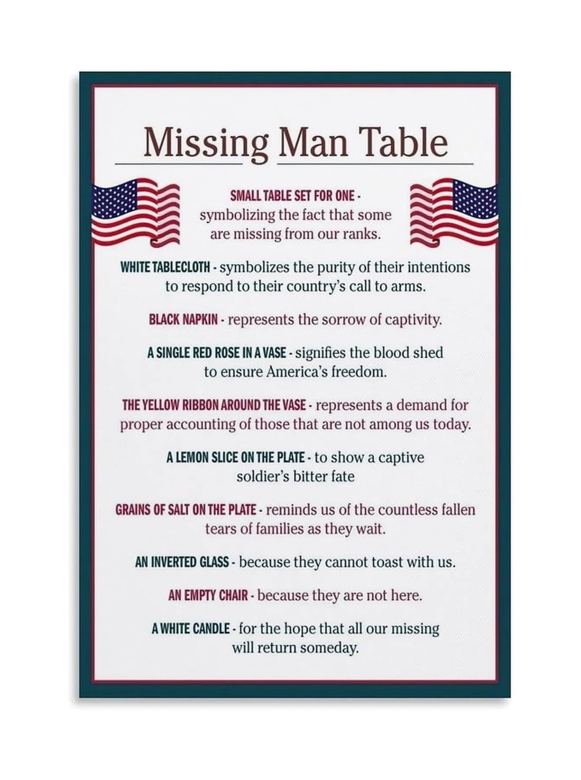 AUOQKQUT Fallen Soldier Memorial Table Poster Missing Man Table Tribute for POW MIA Remembrance Veterans Day and Military Decor Unframed,12x18inch(30x45cm)