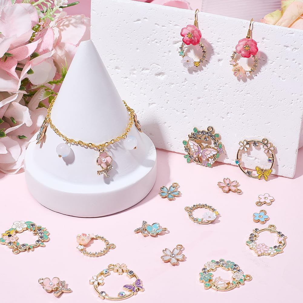 SUNNYCLUE 1 Box 30Pcs 15 Styles Enamel Flower Charms Enamel Dangle Charms Aesthetic Wreath Ring Butterfly Metal Colorful Assorted Alloy Pendants for Jewelry Bracelets Necklace DIY Craft Accessories - Image 4