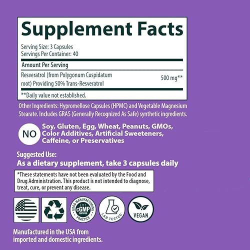 Miniatura 8 de Sanar Naturals Suplemento de resveratrol 500 mg  Apoya el envejecimiento saludable, la función cognitiva y la salud del corazón  Trans Resveratrol a