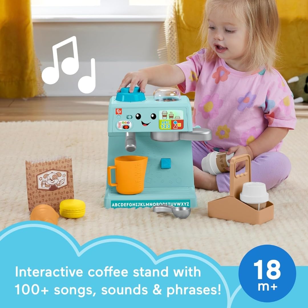 Fisher-Price Zestaw do ekspresu do kawy: Nauka i podawanie z postępowym przebudzeniem i 10 elementami, od 18 miesięcy, wersja wielojęzyczna, HYR98