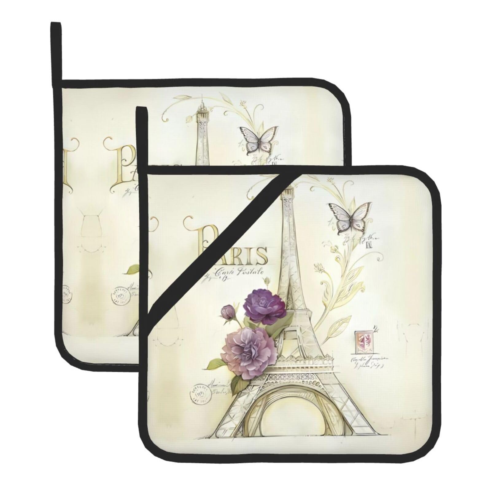 WHJSHOP Eiffel Tower Prints Square Pot Holders - Waterproof Heat Resistant Kitchen Throw Pads for Hot Bowls & Dishes, Durable Oven Mitt Layers with Hanging Loop - Set of 2