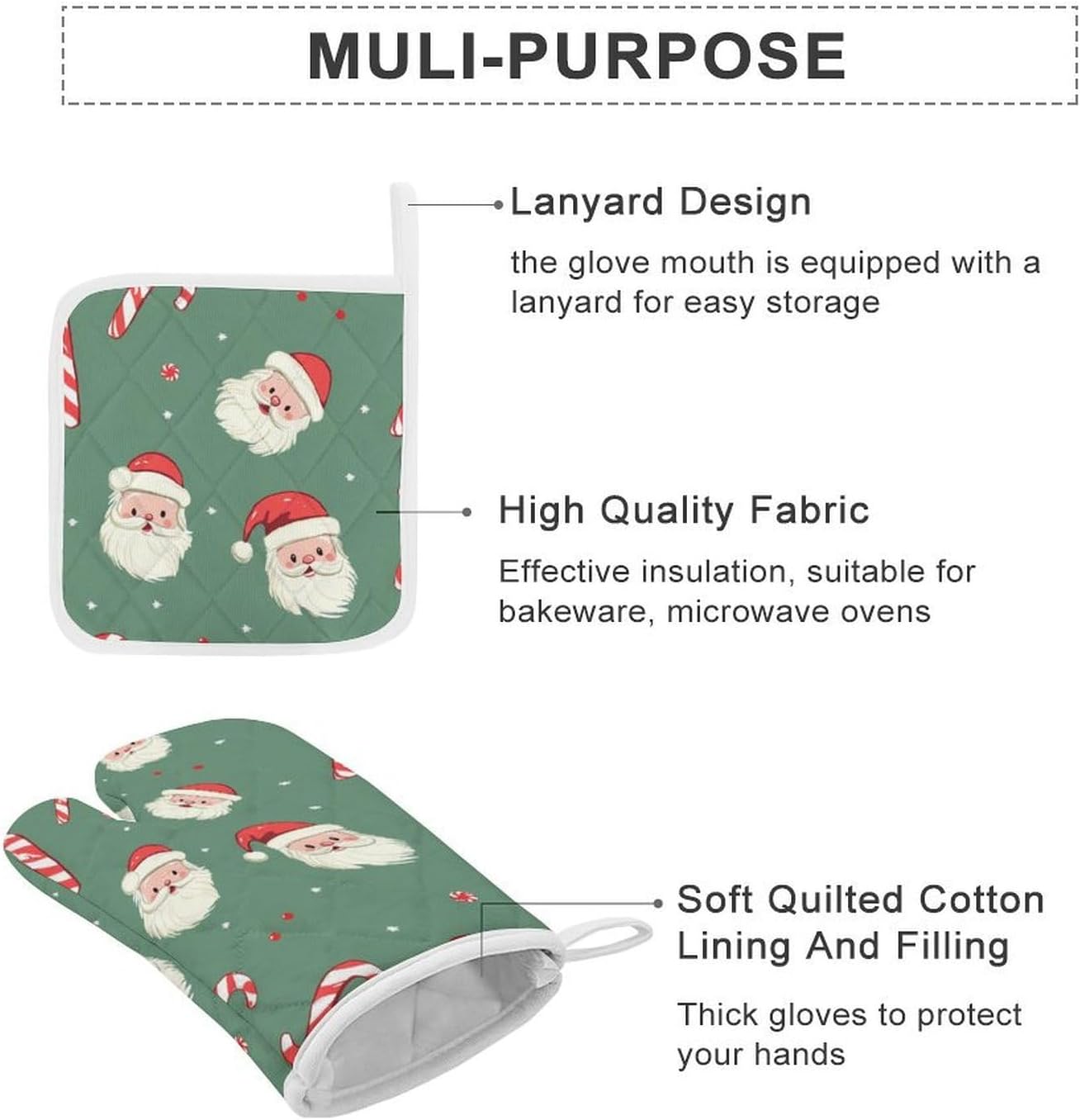 Christmas Santa Candy Canes Oven Mitts and Pot Holders 4Pcs Set Heat Resistant Cooking Mitts Hot Pads