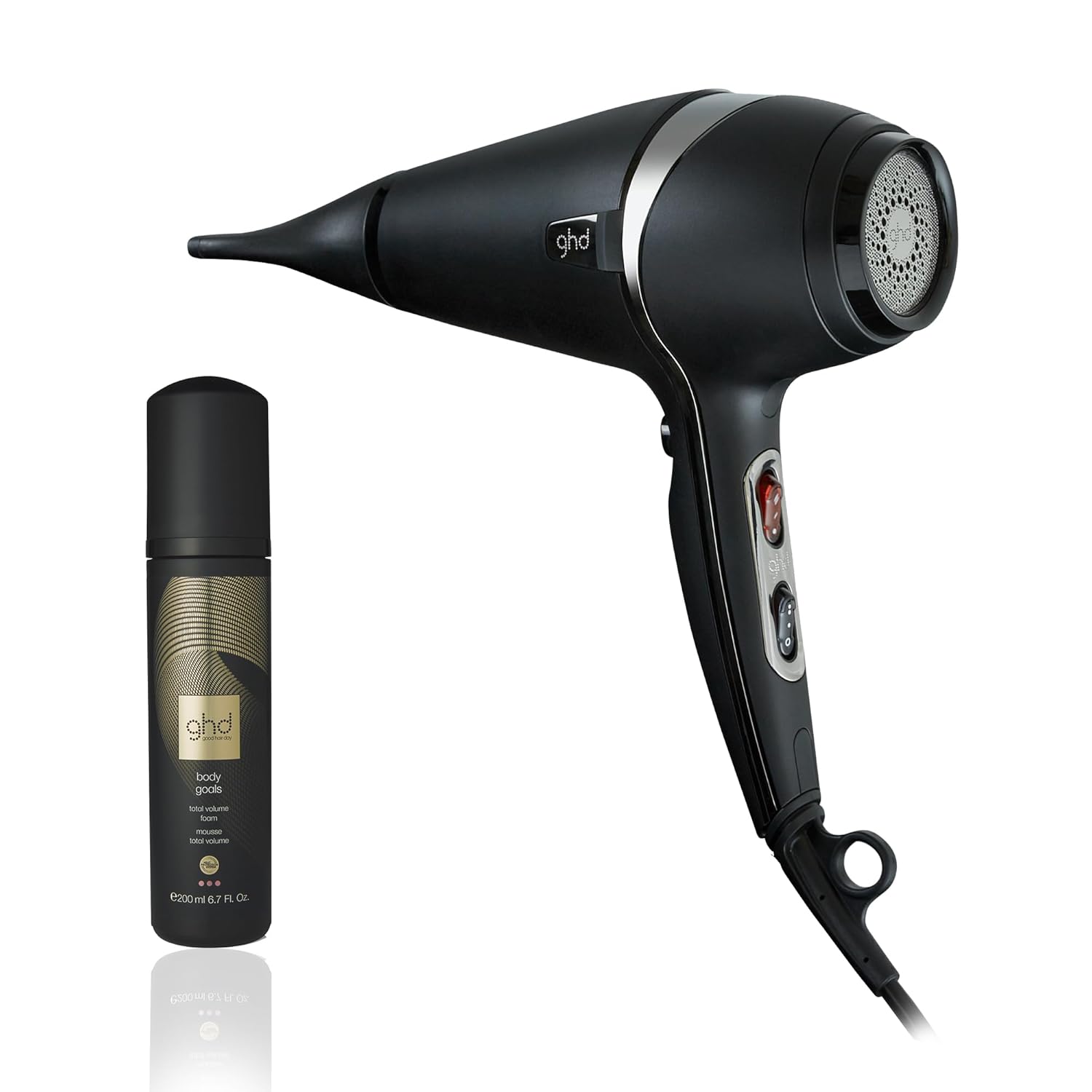 ghd Air Professional Essentials Duo — 1600w Hair Blow Dryer (Black) and Body Goals – Total Volume Foam Heat Protectant for Hair (6.7 fl. oz.) ghd Air Professional Essentials Duo — 1600w Hair Blow Dryer (Black) and Body Goals – Total Volume Foam Heat Protectant for Hair (6.7 fl. oz.)