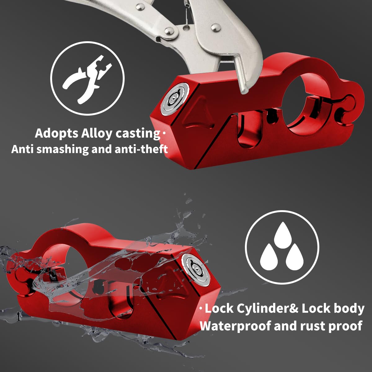 Combo de bloqueo de casco de motocicleta y manillar, bloqueo de freno antirrobo para manillares de 1.3 a 1.5 pulgadas, para todos los triciclos de bicicleta, ATV y scooter (rojo)