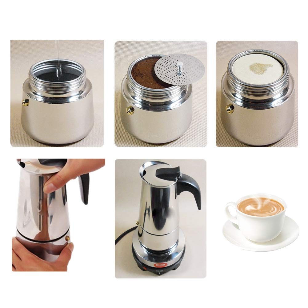 Ymiko Estufa de café eléctrica de acero inoxidable de 450 ml, juego de calentador para hacer tazas de café expreso, enchufe de la UE 220-240 V | Filtro uniforme para extracción rica y sabor óptimo, sello de silicona antifugas, compatible con gas y eléctri