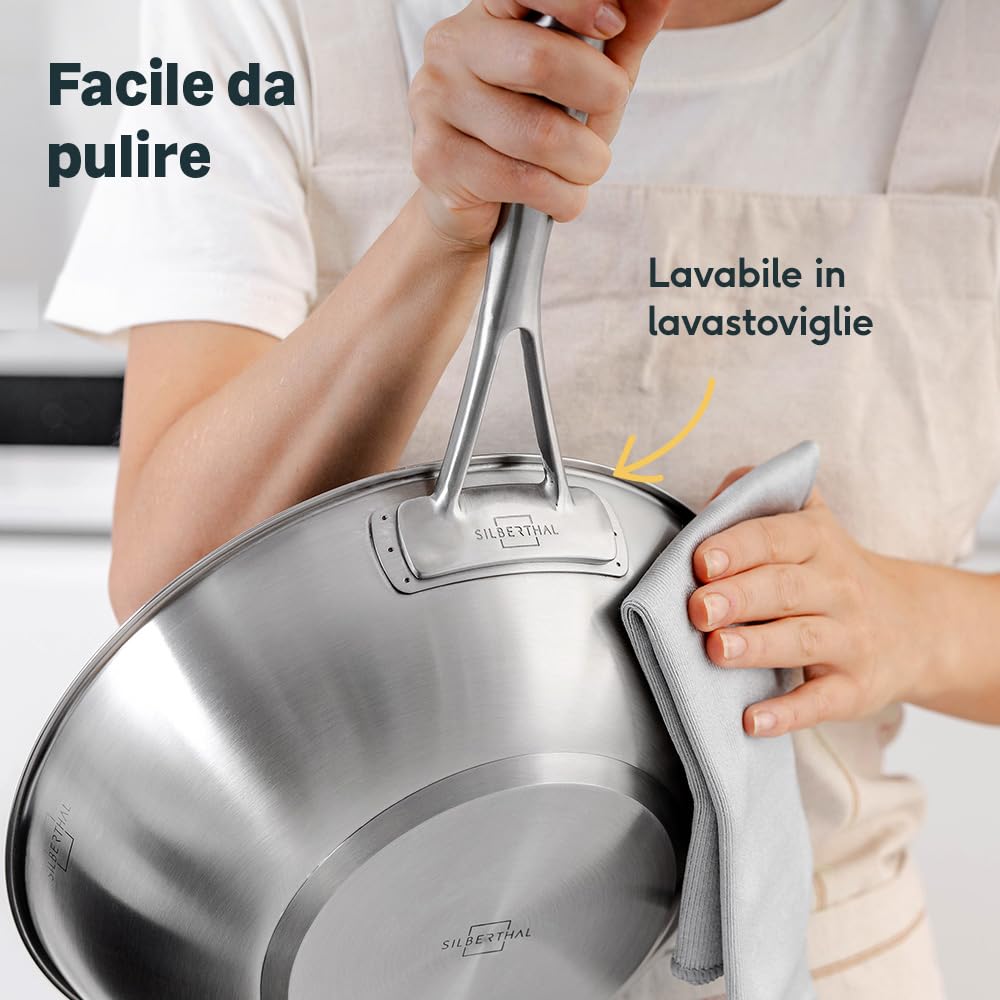 SILBERTHAL Wok acciaio inox 18/10 - Saltapasta 28 cm - Padella wok induzione - Pentola wok professionale