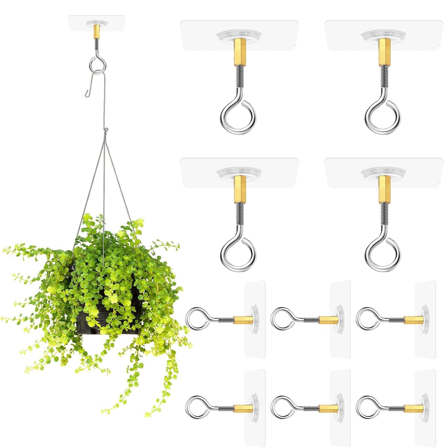 Aputue10 pcs Ceiling Hooks, No Hole Hanger, Self Adhesive Plant Hooks for Ceiling, Transparent Waterproof Stainless Steel Eye Hooks for Hanging Plants 4.5KG(max) for Hanging Plant Lights