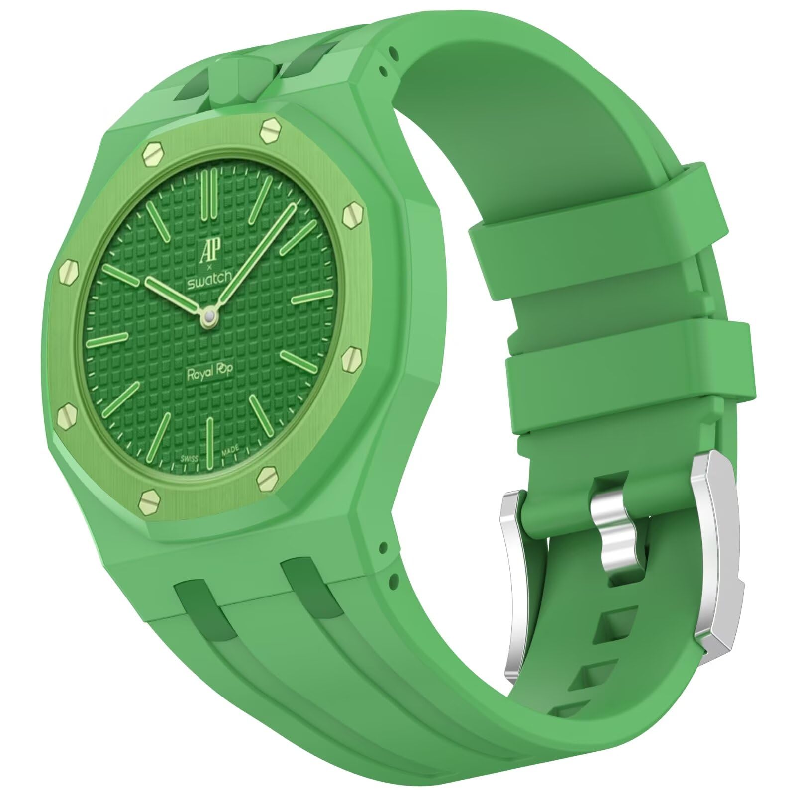 BoerHang Strap Compatible with Swatch Royal Pop, Crown for 12 o'clock Position, Integrated Strap with Protective case, Silicone Sports Fitness Watch Strap.(Green, Dark green)