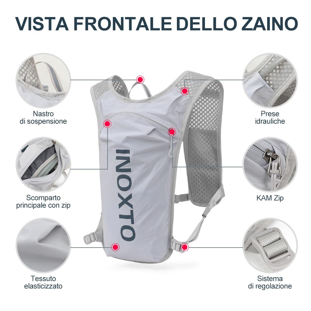 INOXTO Zaino da Corsa 5L - Leggero Zaino Idratazione con Strisce Riflettenti,Rete Traspirante per Outdoor, Maratona, Ciclismo, Alpinismo, Uomoe Donna