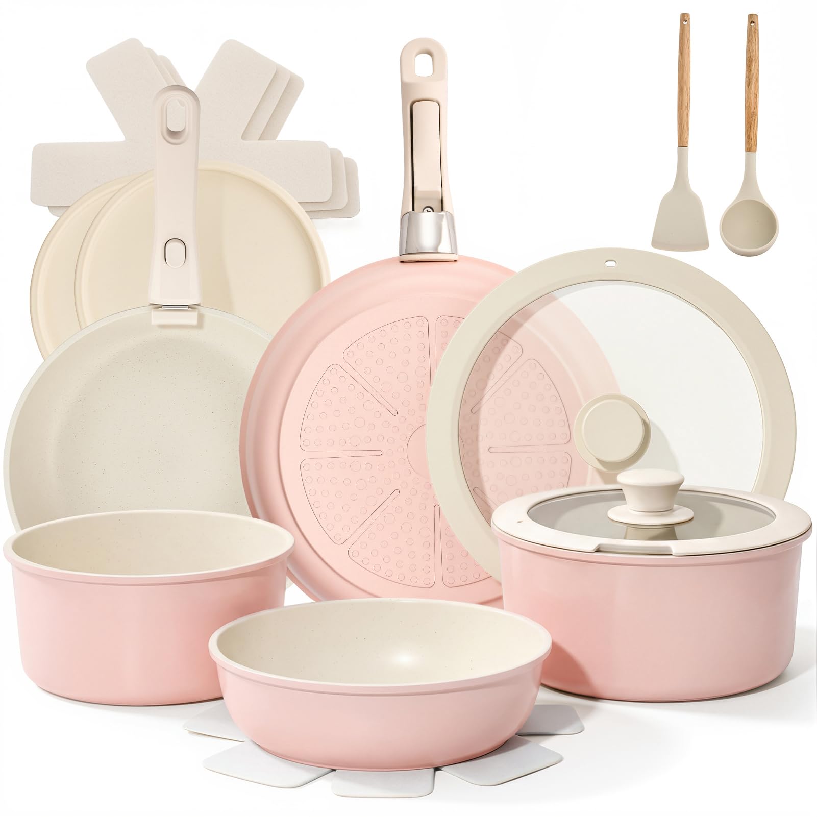 Warmiehomy Juego de ollas y sartenes de 17 piezas antiadherentes para inducción de inducción, juego de utensilios de cocina de aluminio antiadherente con mango extraíble, juego de sartenes, juego de