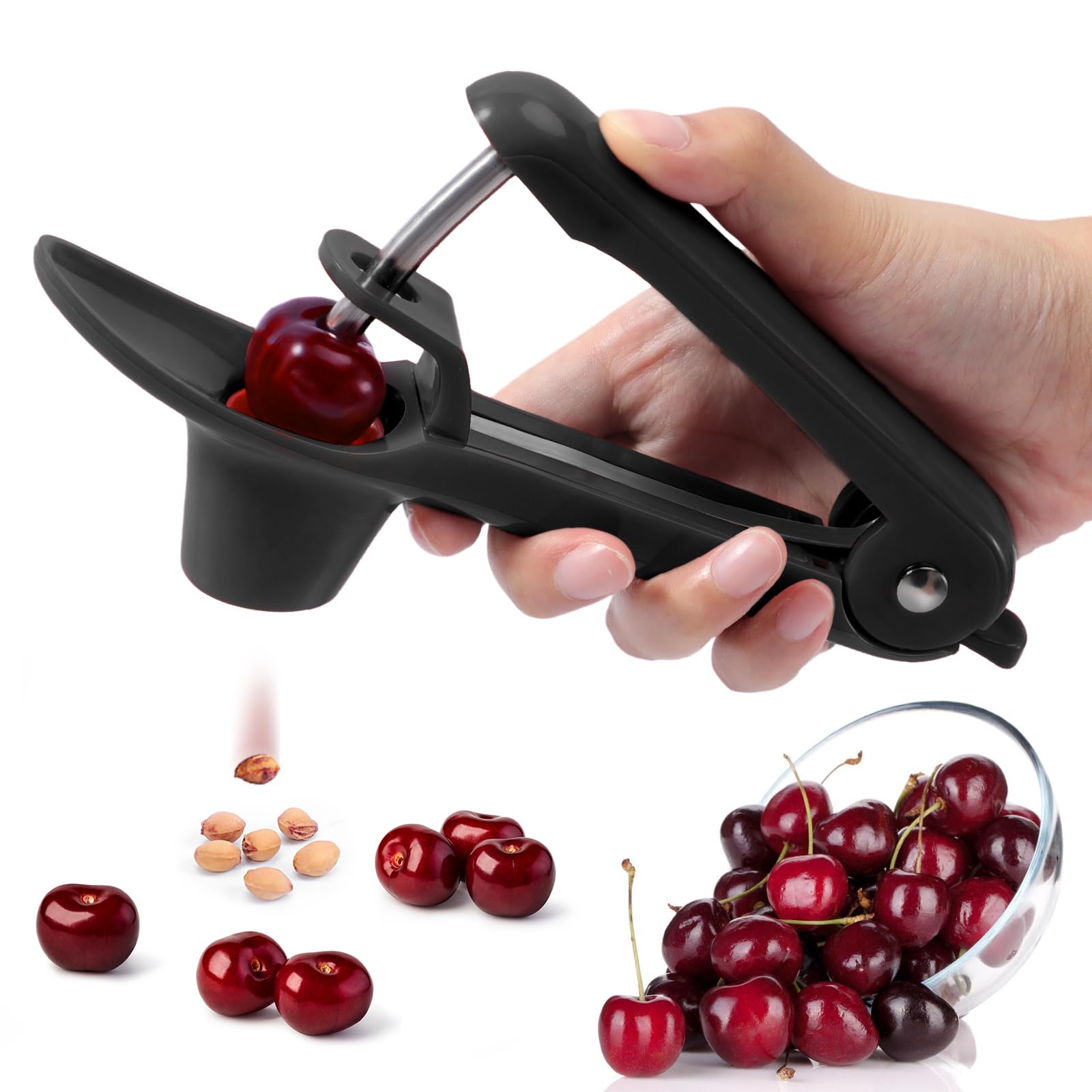 SCHVUBENR Cherry Pitter Tool - Stainless Steel Cherry Corer Pitter with Ergonomic Push Design - Easy to Use for Making Cherry Jam - Pit Cherry with Ease, Saving Time & Space with Lock Design(Black)
