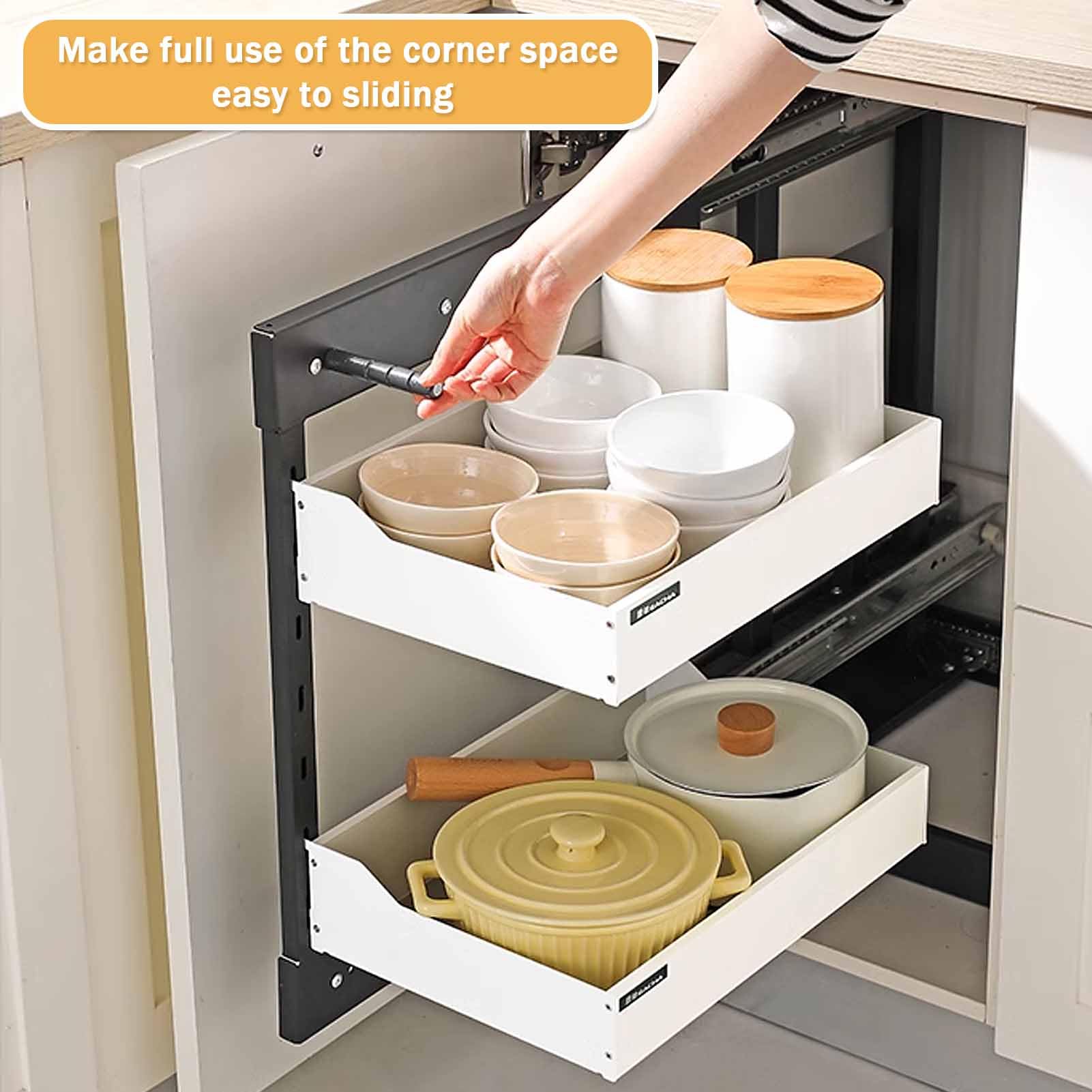 Organizador de cocina de 3 niveles debajo del fregadero con cajones de cierre suave, almacenamiento de esquina ciega, estante de especias de 4 estantes, contenedores blancos para gabinete para una