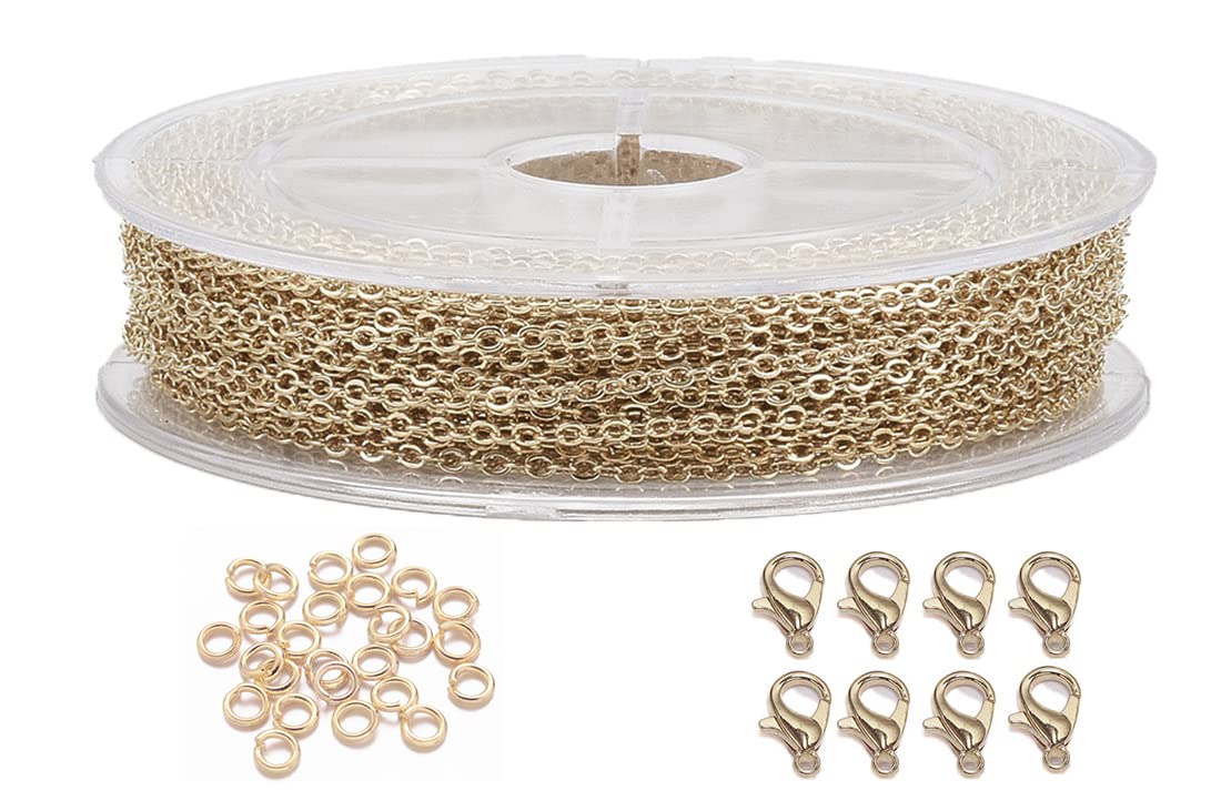 MAHAVIMOKSA 1 Roll 40Ft 2.2X1.7Mm Cable Link Chain with Lobster Clasps Jump Rings for Necklace Earrings Bracelets Jewelry Making Art Craft (KC Gold)