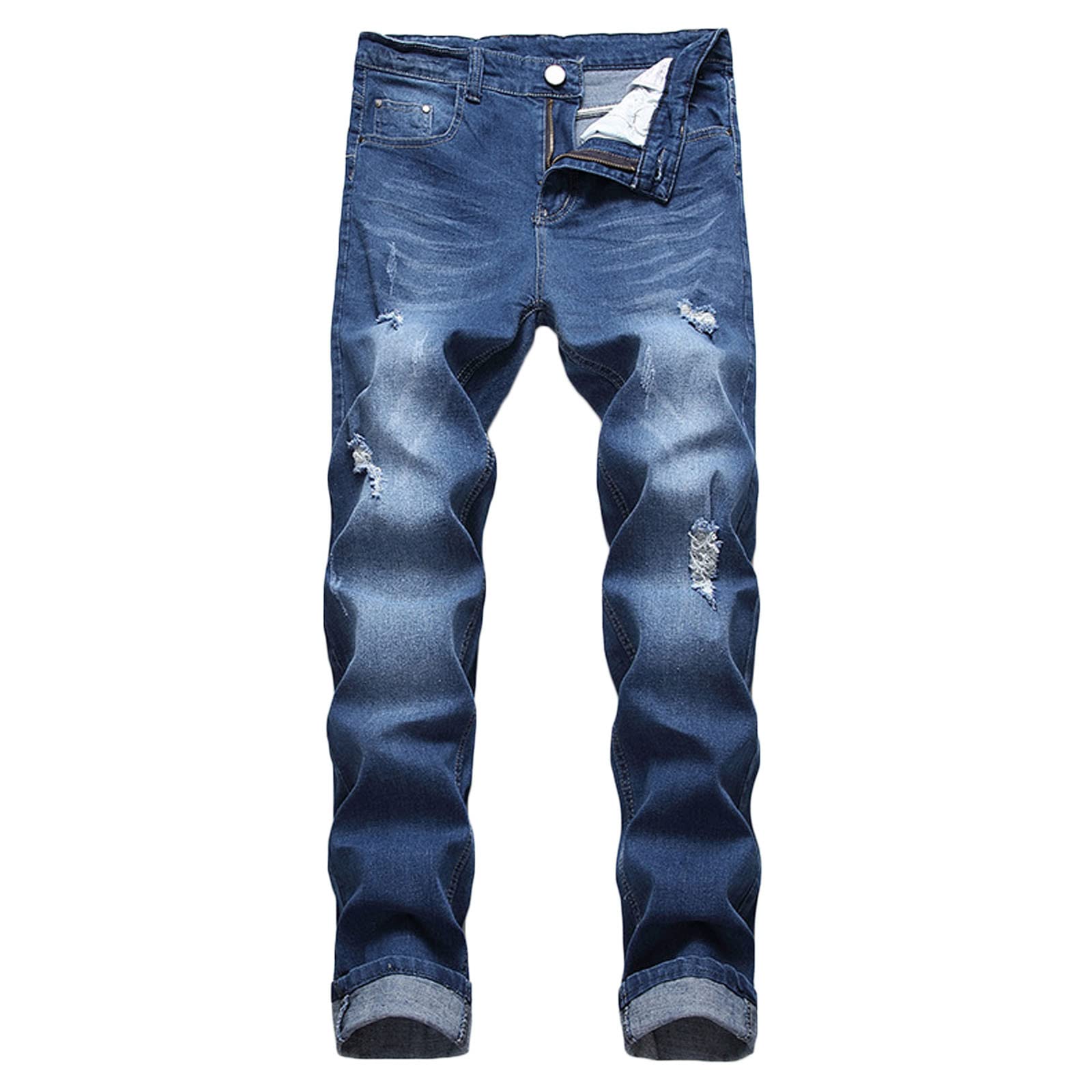 Jeans for Men Stretch Fit Slim Destroyed Distressed Taper Zipper Pants with Holes Distressed Tapered Jeans 2025 Navy