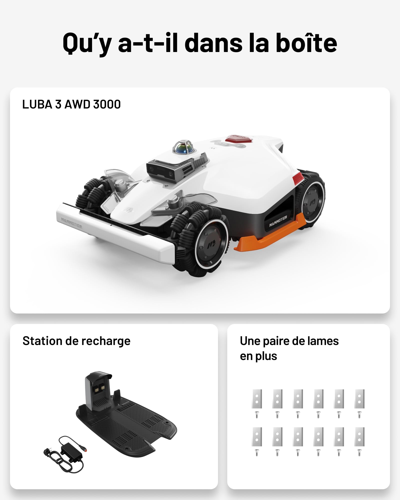 Mammotion LUBA 3 AWD 3000 Robot Tondeuse avac Garage Standard, Positionnement Tri-Fusion 360° LiDAR+NetRTK+AI Vision, 80% pentes, Gestion multizone jusqu'à 30 Zones, Hauteur de Coupe 25-70 mm