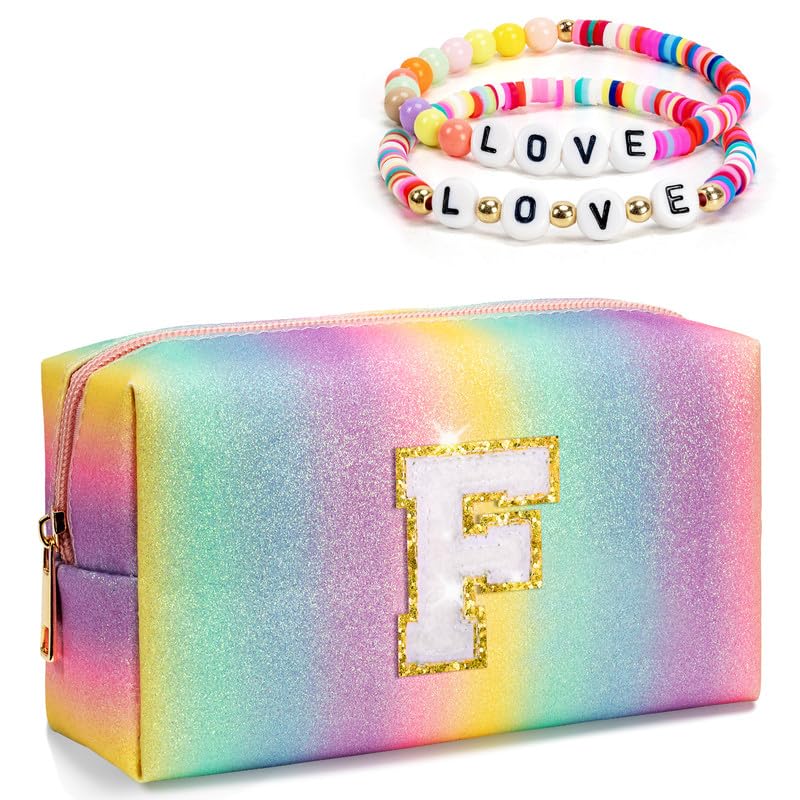 Freesya Preppy Makeup Bag, Gifts for Girls Teen Girls, Initial Toiletry Bag for Kids, Personalized Skin Care Zipper Bag, Girls Accessory Pouch, Cute Tween Girls Trendy Stuff (Small)