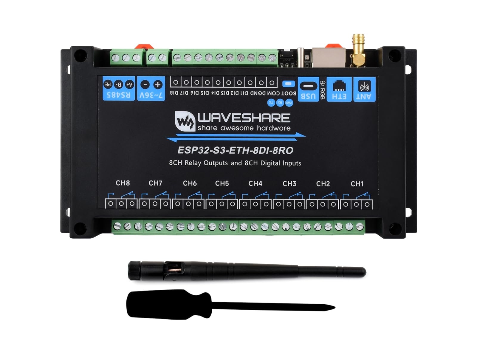 Módulo de relé WiFi industrial ESP32-S3 de 8 canales, RS485 integrado, entrada digital, relé, puerto Ethernet y múltiples circuitos de protección de aislamiento, soporta RS485 y control remoto