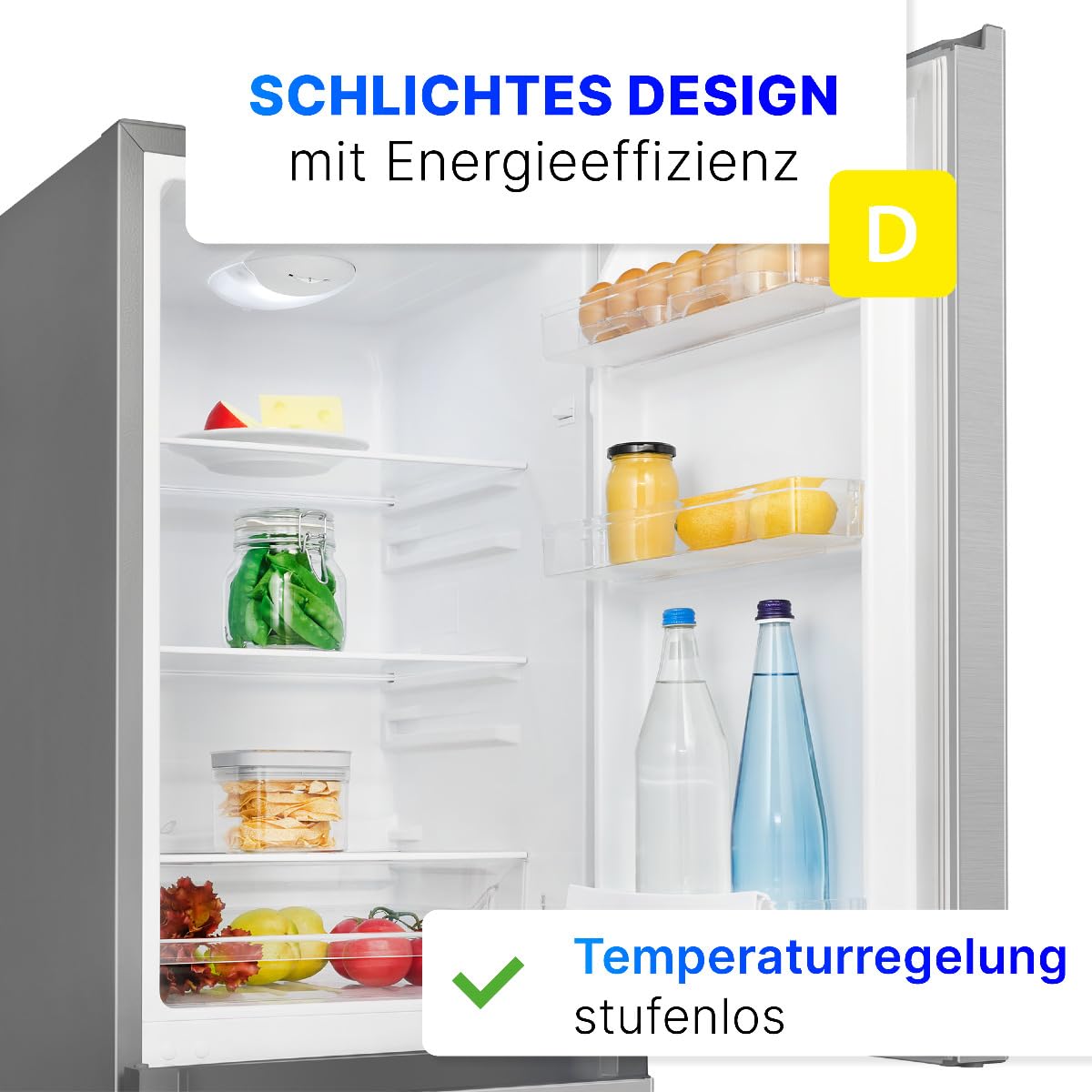 Bomann® Kühlschrank mit Gefrierfach | Energieklasse D | 143cm | Kühl Gefrierkombination leise 39 dB | 3 Ablagen & 3 Schubladen | Türanschlag wechselbar | 175L Kühlgefrierkombi | KG 322.1 inox
