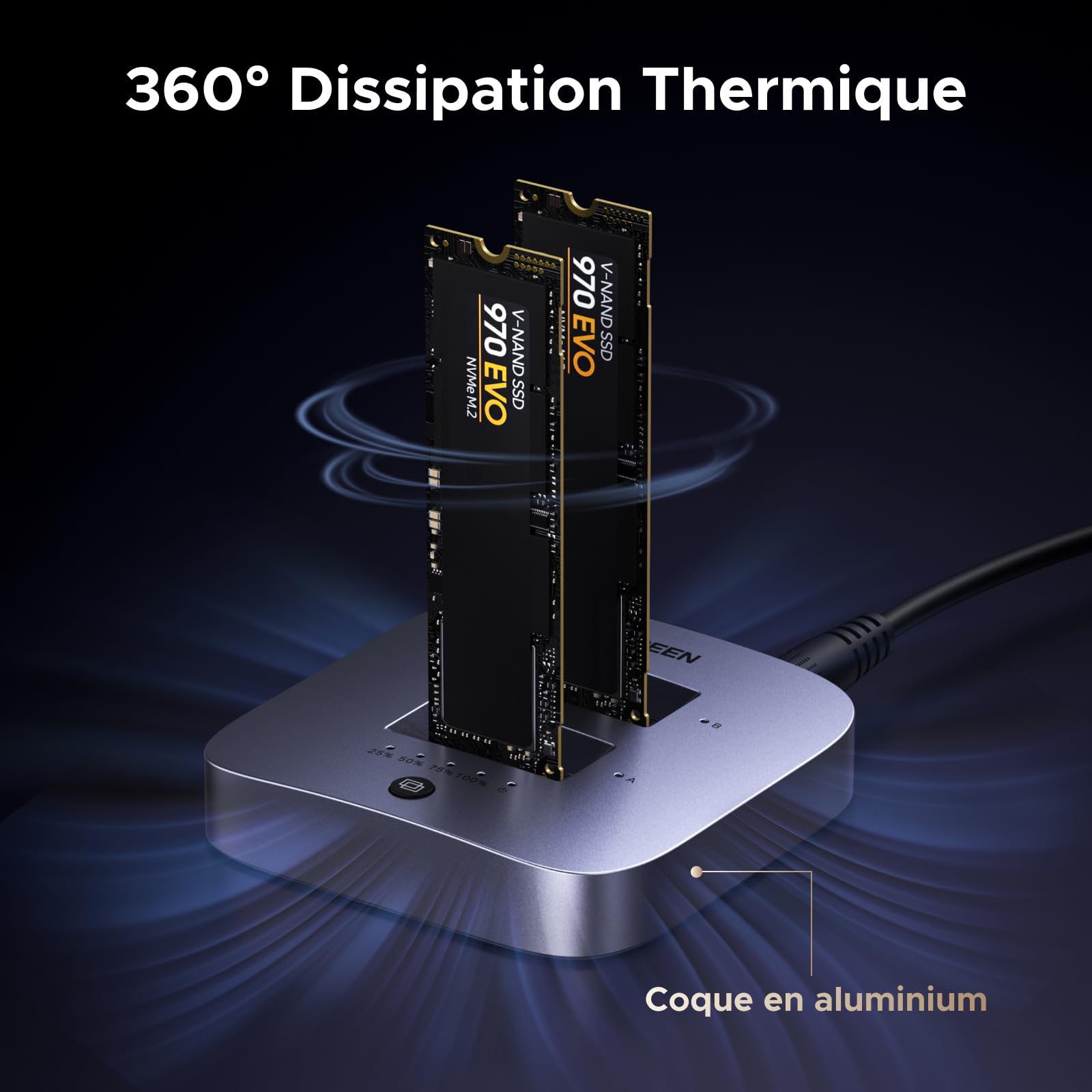UGREEN Station d'accueil M.2 NVMe 20Gbps, USB 3.2 Gen 2 Boîtier SSD NVMe Dual Bay pour SSD PCIe M/MB Key Prise en Charge Clonage Hors Ligne, UASP, Trim et S.M.A.R.T.