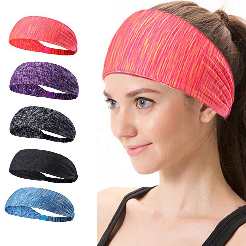 TopBine Yoga Sports Headband, 5 Pcs Sweat Bands, Headbands for Women's Hair, Non Slip Lightweight Soft Elastic Hairband for Running, Cycling, Travel, Gym, Pilates