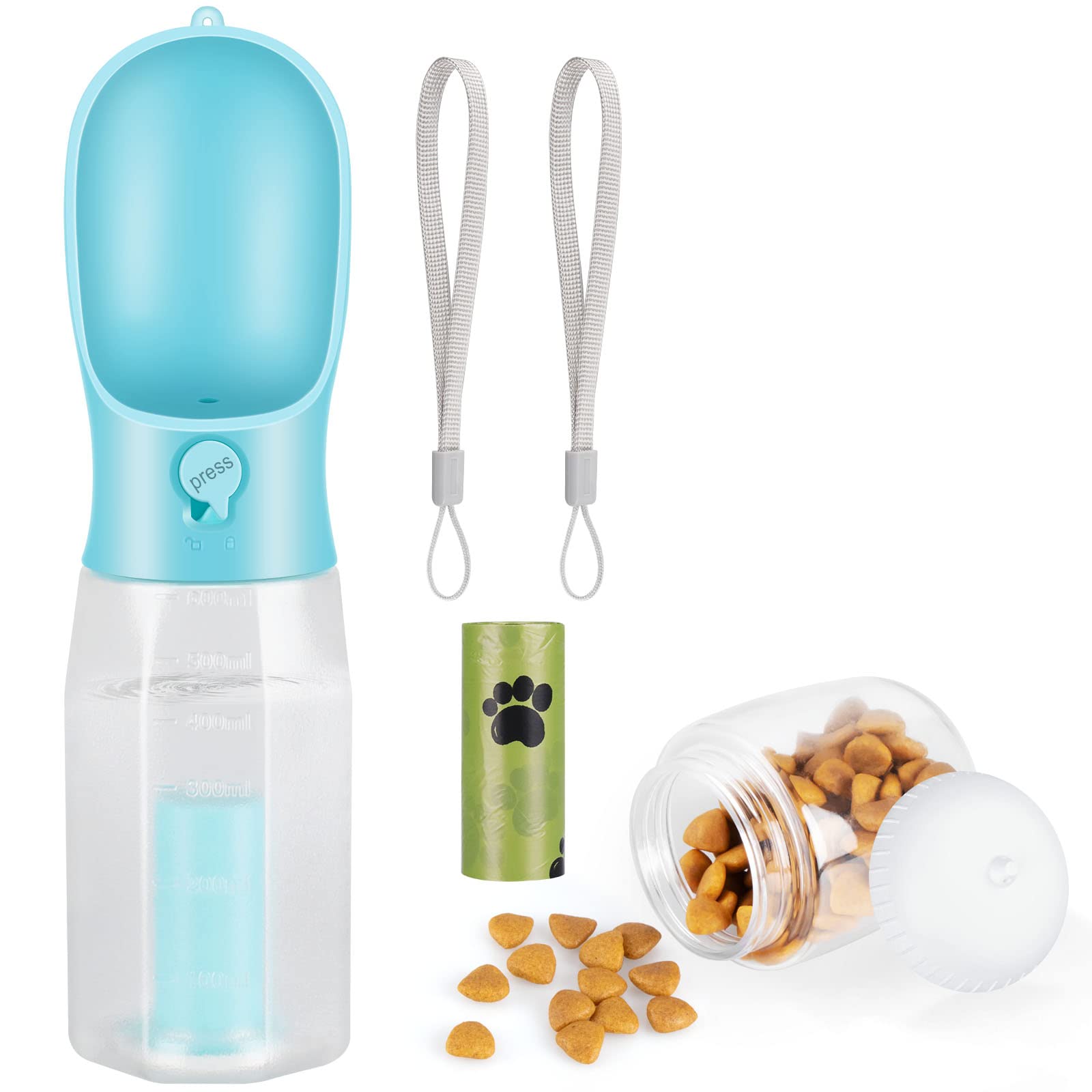 Zivacate Botella de Agua para Perros, 600 ml Portátil para Mascotas para Viajes al Aire Libre, Prueba de Fugas Bebedero Perro con Contenedor de Alimentos y Bolsa para Caca