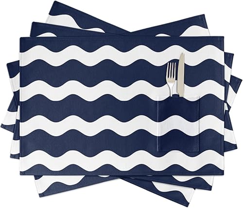 Miniatura 8 de Juego de 2 manteles individuales resistentes al calor, manteles individuales lavables para cocina, con bolsillo, color azul marino y blanco con