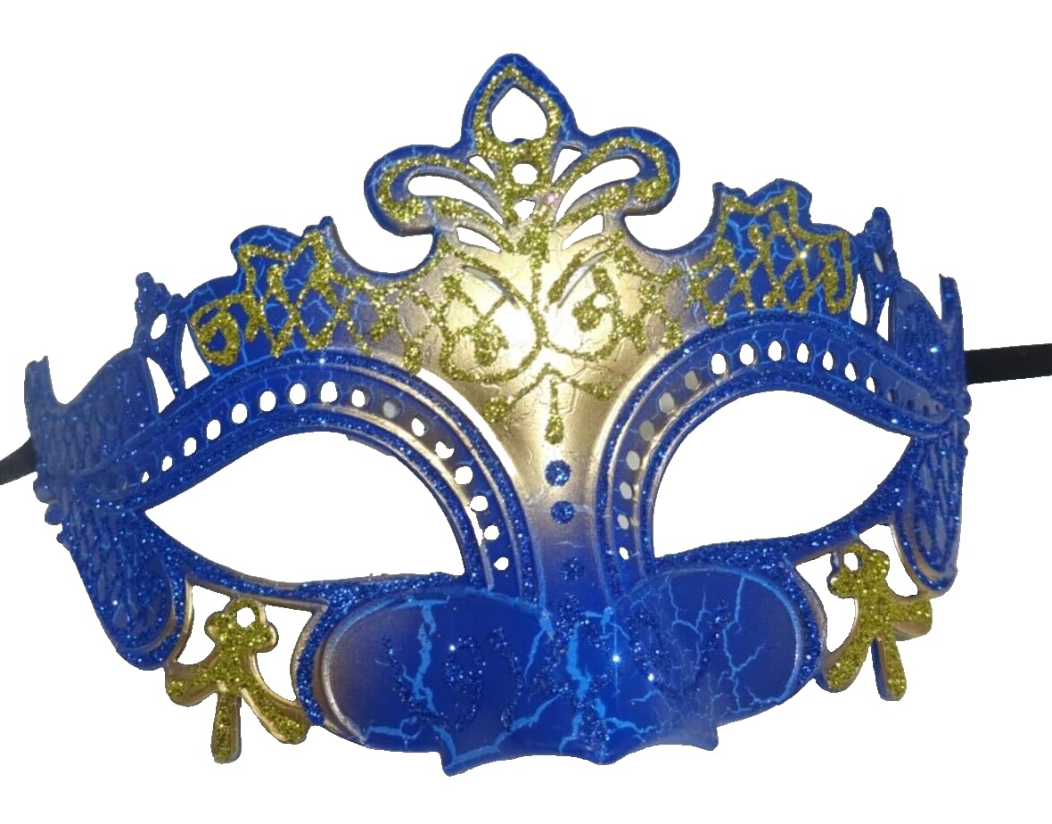 LADIES SPARKLING BLUE AND GOLD RIALTO VENETIAN MASQUERADE CARNIVAL PARTY EYE BALL MASK, Blue Gold, 8cm Deep