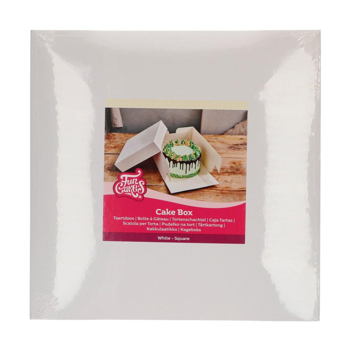 FunCakes Cake Box White: Sturdy Cardboard Cake Box with Separate Lid, Reusable Cake Carrier for Transporting and Presenting Cakes and Pastries - 20x20x8cm pk/25