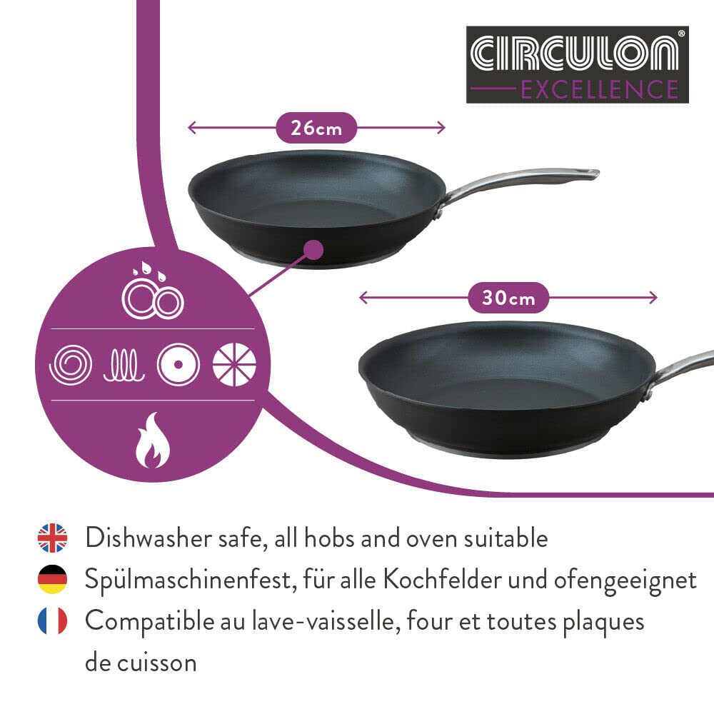 Circulon Excellence 2-teiliges Bratpfanne Set 26/30 cm | 2X spülmaschinenfeste Induktionspfanne mit hochwertigem Pfanne Antihaft |Pfannen mit Griff aus Edelstahl