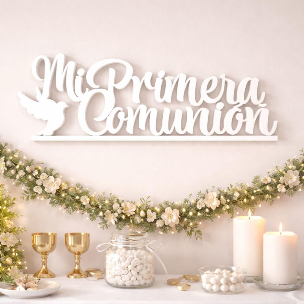 Letrero " Mi Primera Comunion " en poliestireno para Decoración en Mesa Dulce o Candy Bar, photocalls. (Letrero_Paloma, 5cm)